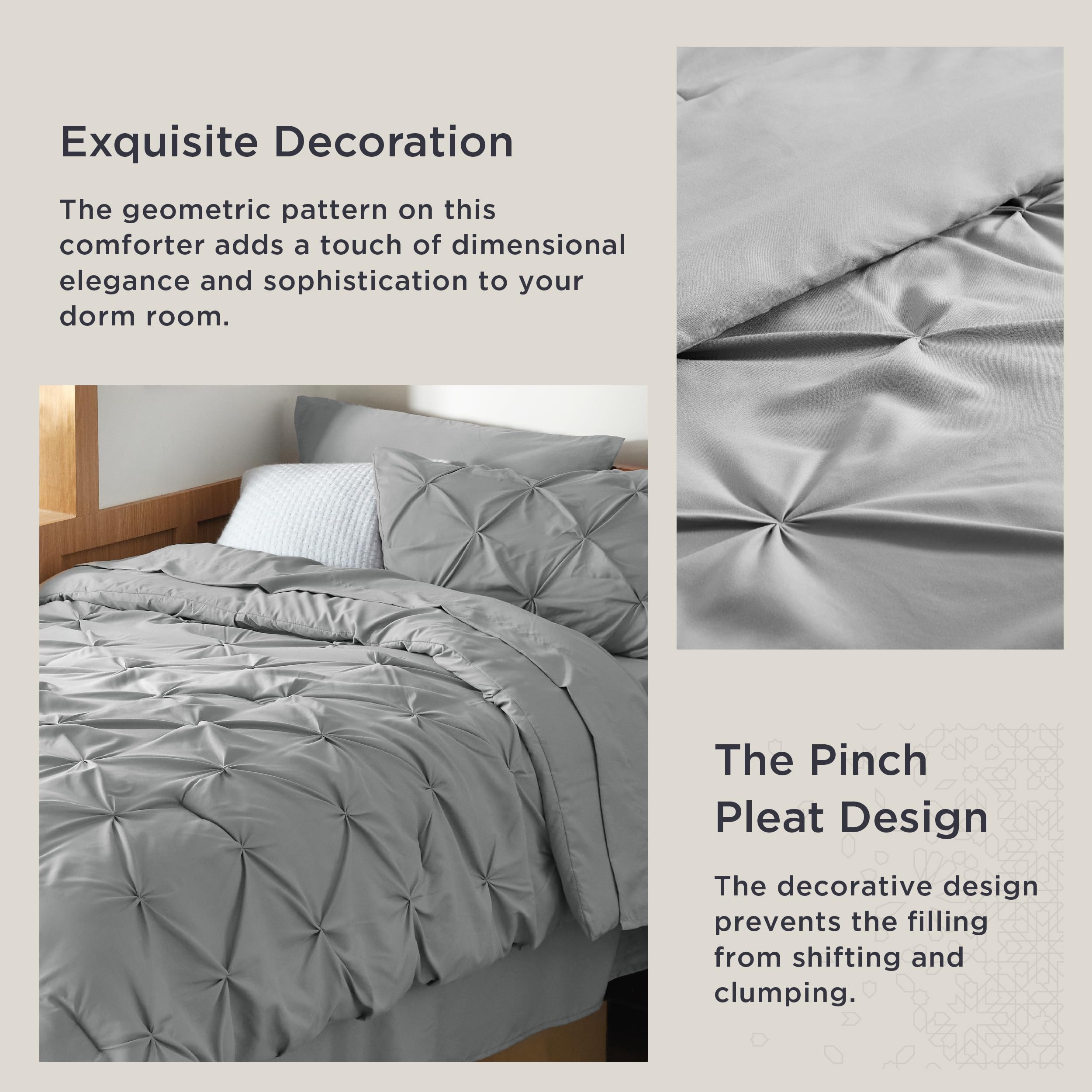 Foto 4 | Juego De Edredón Bedsure Twin Xl Gentlesoft™ Pinch Pleat Grey - Venta Internacional.