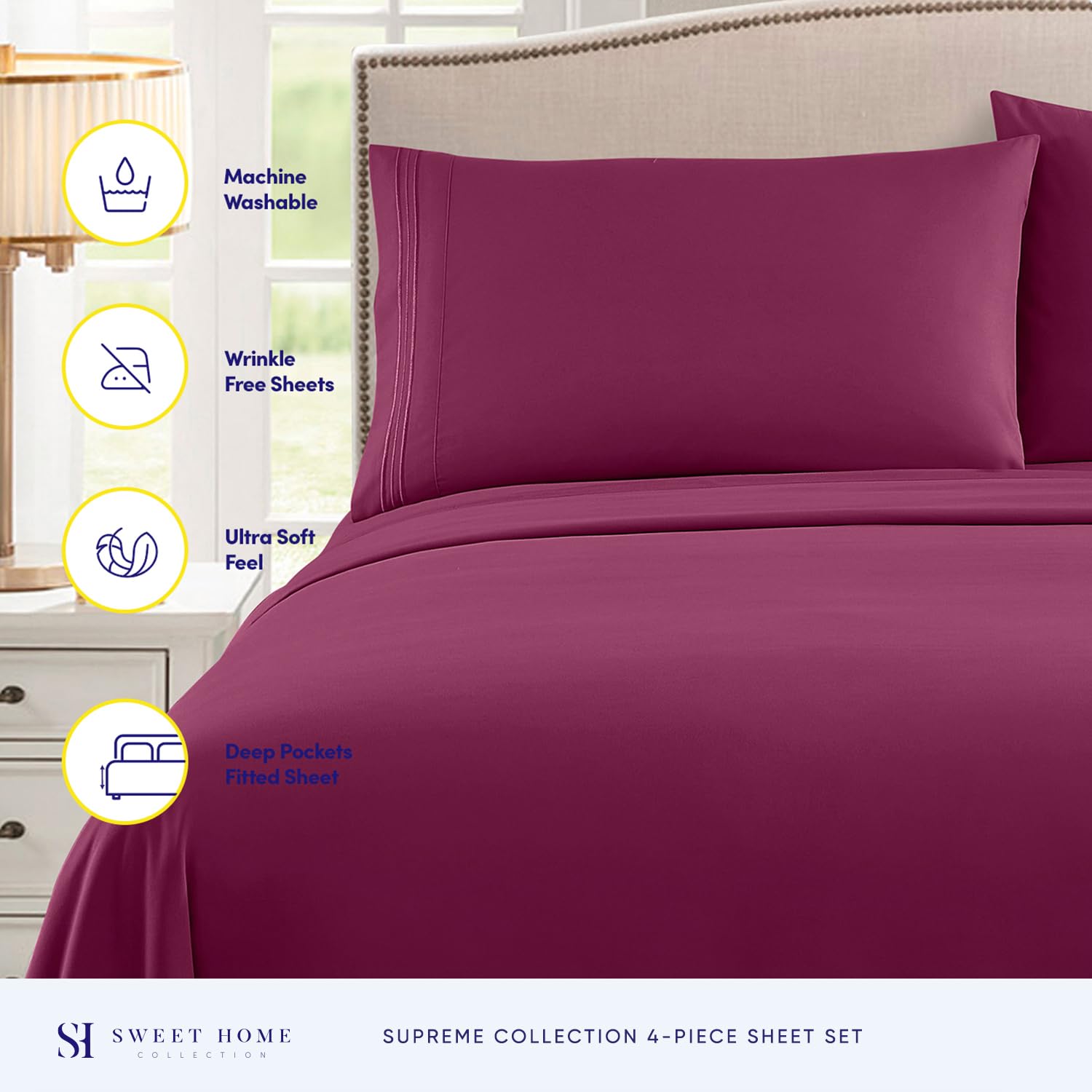 Foto 2 | Juego De Sábanas Sweet Home Collection, Tamaño Completo, Color Berry 1800tc - Venta Internacional.