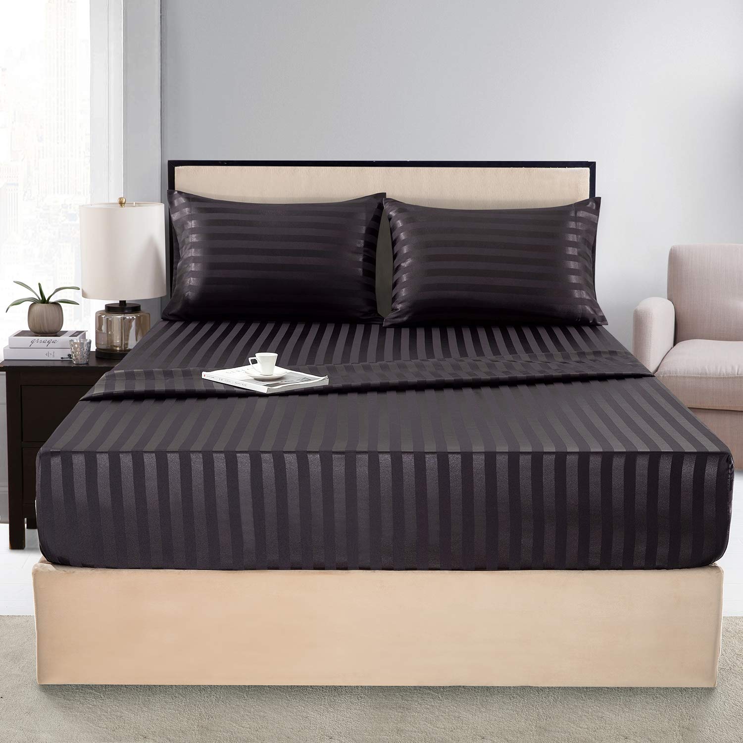 Foto 1 | Juego De Cama Lanest Housing Con Sábanas De Seda Satinada, Tamaño Queen, Negro - Venta Internacional.