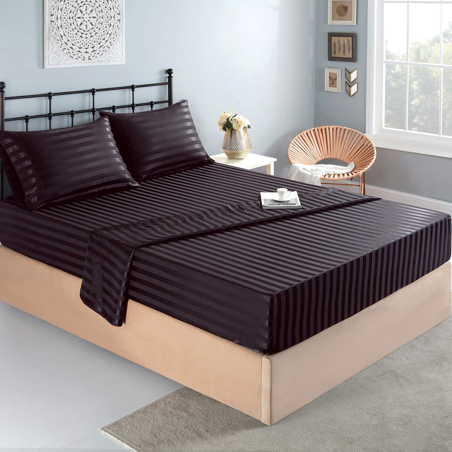 Foto 3 pulgar | Juego De Cama Lanest Housing Con Sábanas De Seda Satinada, Tamaño Queen, Negro - Venta Internacional.