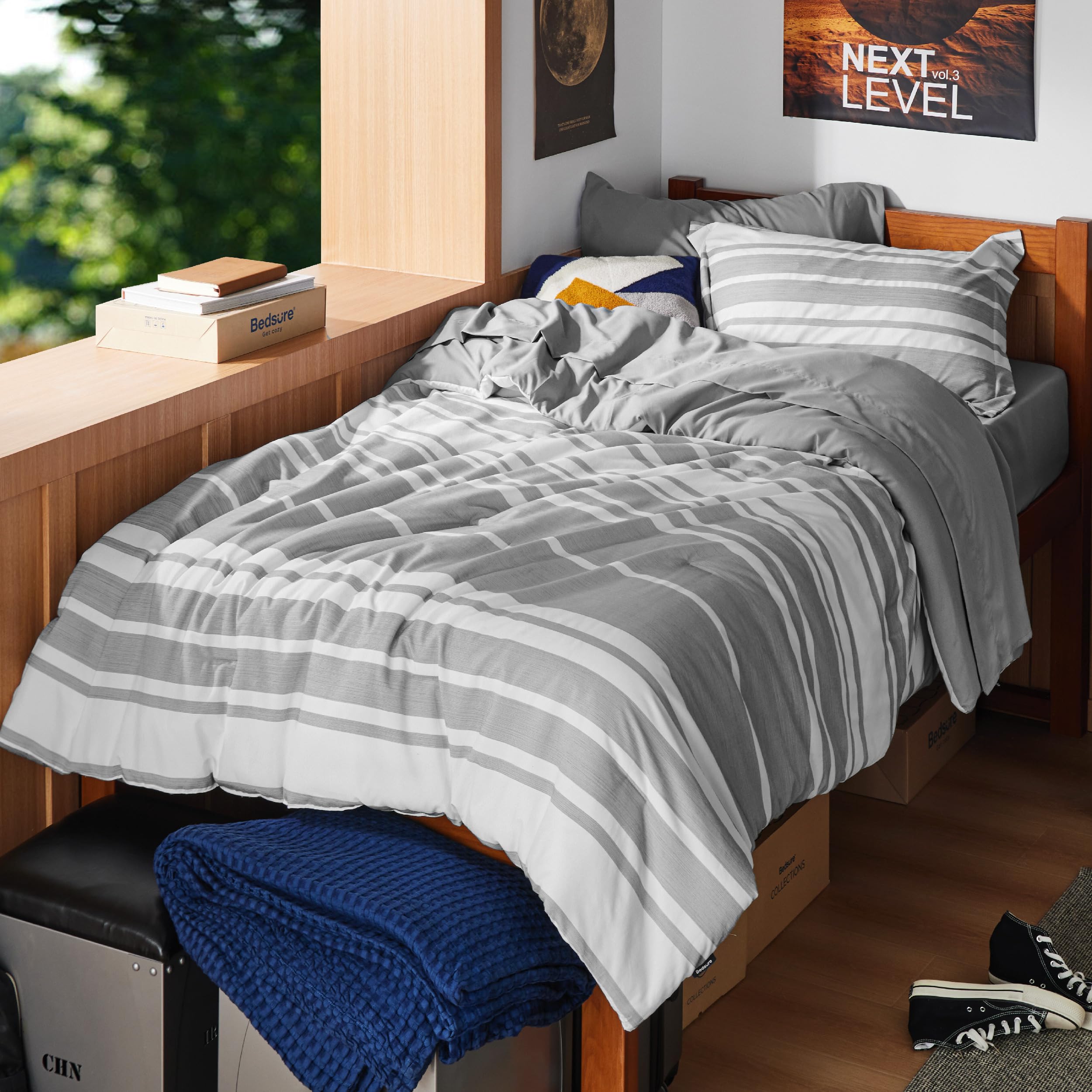 Juego de Edredón Bedsure Doble Rayas Grises 5 Piezas - Venta Internacional