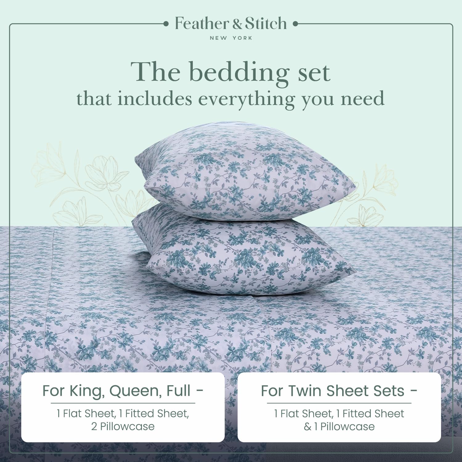 Foto 6 | Juego De Sábanas Feather & Stitch, 100% Algodón, 300 Hilos, Percal King - Venta Internacional.