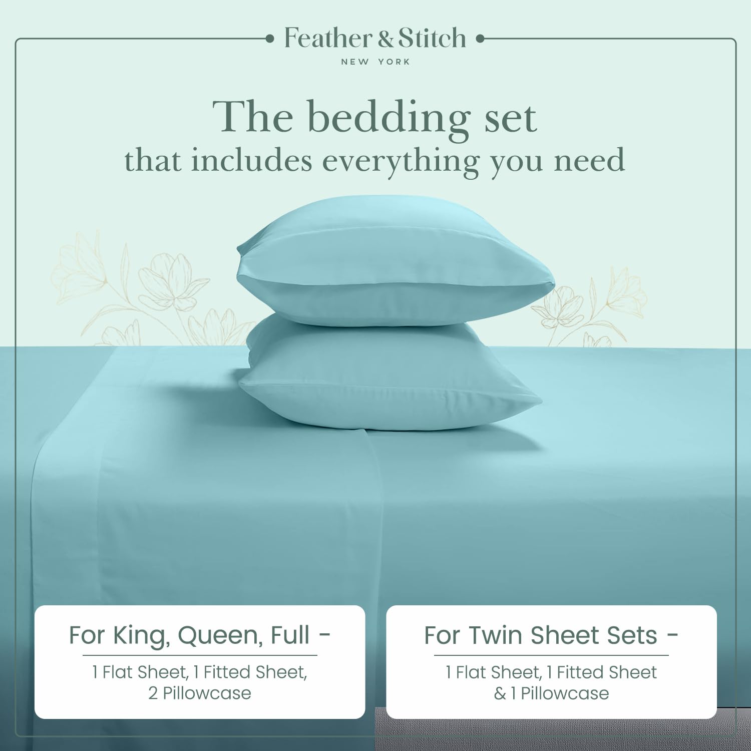 Foto 6 | Juego De Sábanas Feather & Stitch, 100% Algodón, 300 Hilos, Percal Completo - Venta Internacional.
