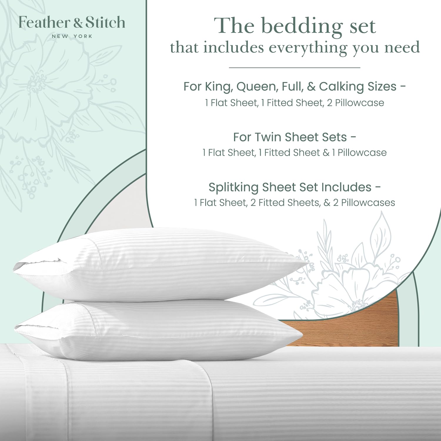 Foto 5 | Juego De Sábanas Feather & Stitch, 500 Hilos, Dividido, Tamaño King, Color Blanco - Venta Internacional.
