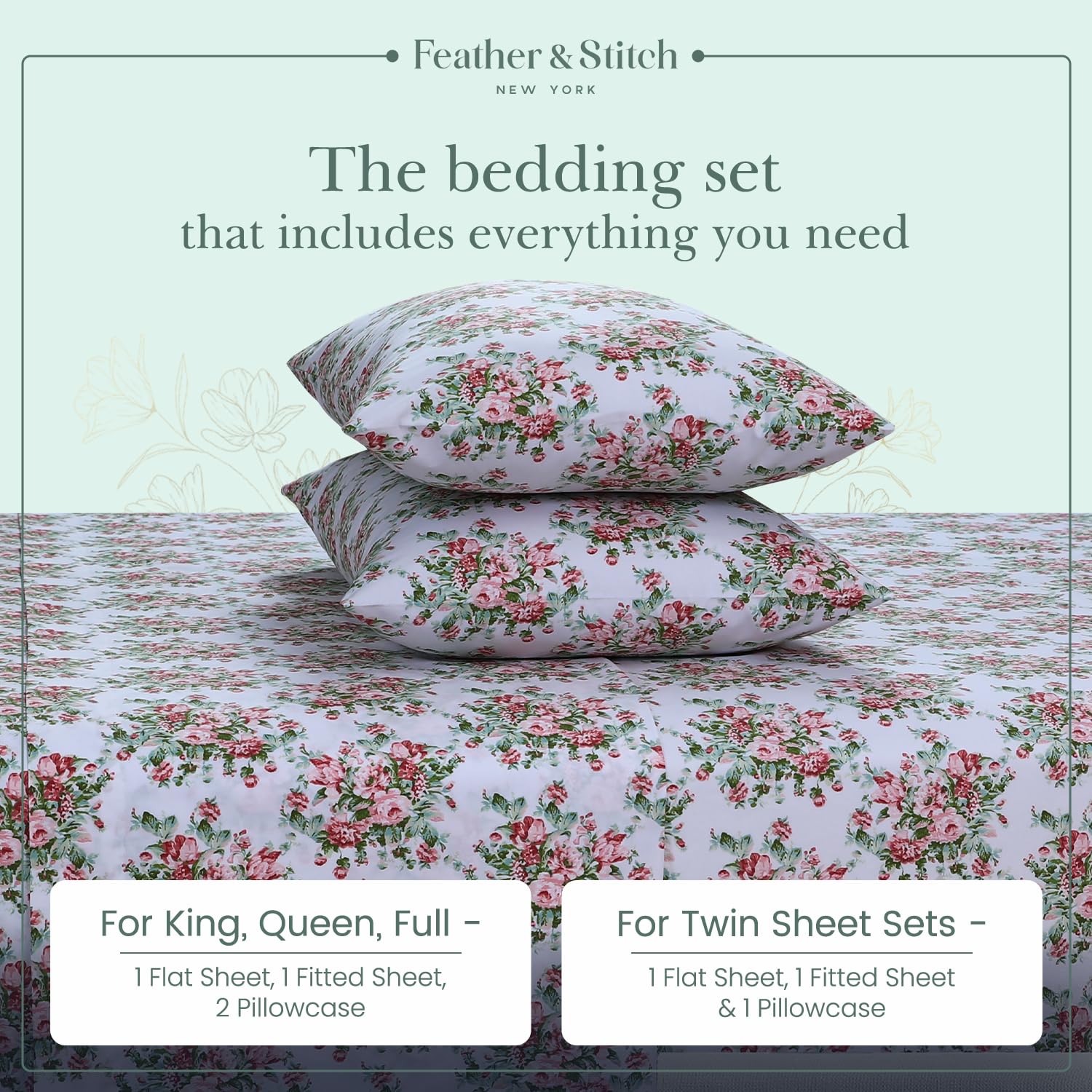 Foto 6 | Juego De Sábanas Feather & Stitch, 100% Algodón, 300 Hilos, Percal King - Venta Internacional.