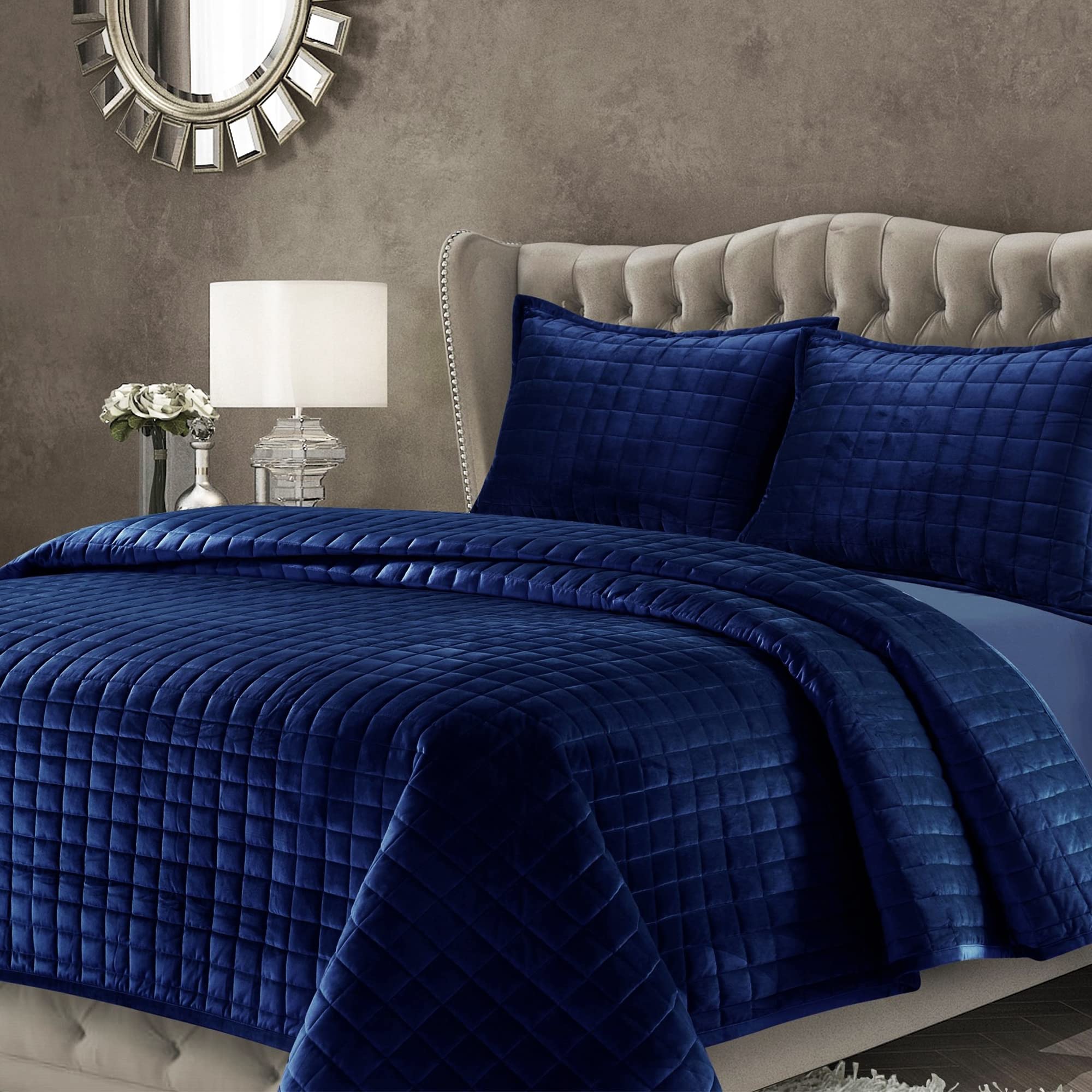 Juego De Edredón Tribeca Living Luxury Velvet King Size, Azul Marino - Venta Internacional.