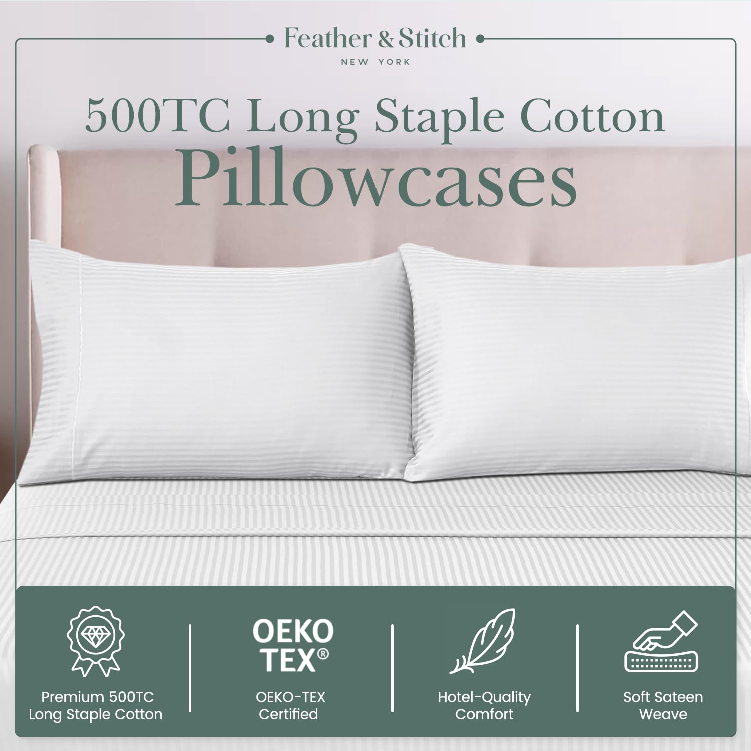 Foto 4 | Juego De Fundas De Almohada Feather & Stitch 100% Algodón King 500tc X2 - Venta Internacional.