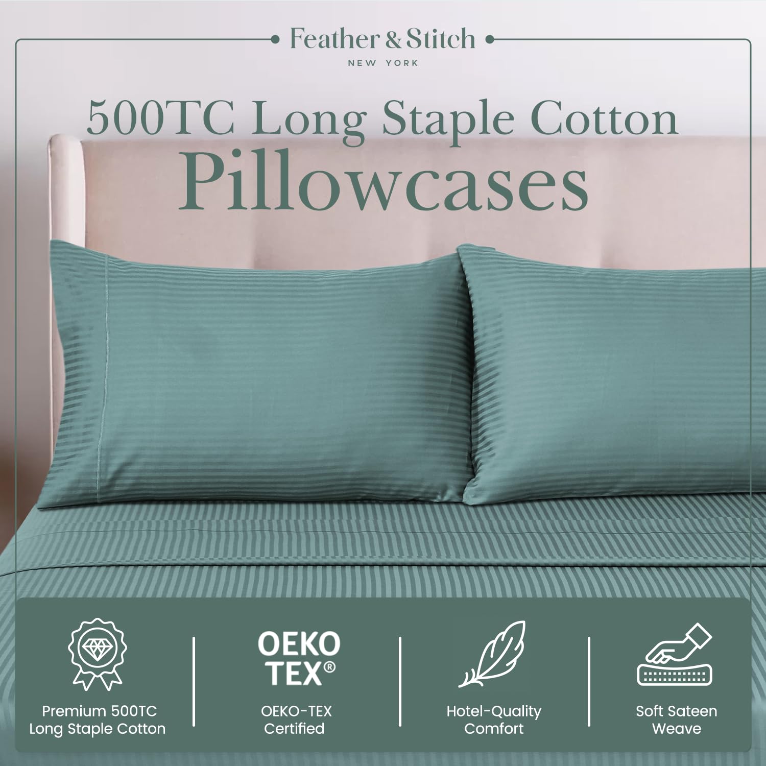 Foto 4 | Juego De Fundas De Almohada Feather & Stitch, Tamaño Estándar De 50 X 75 Cm - Venta Internacional.