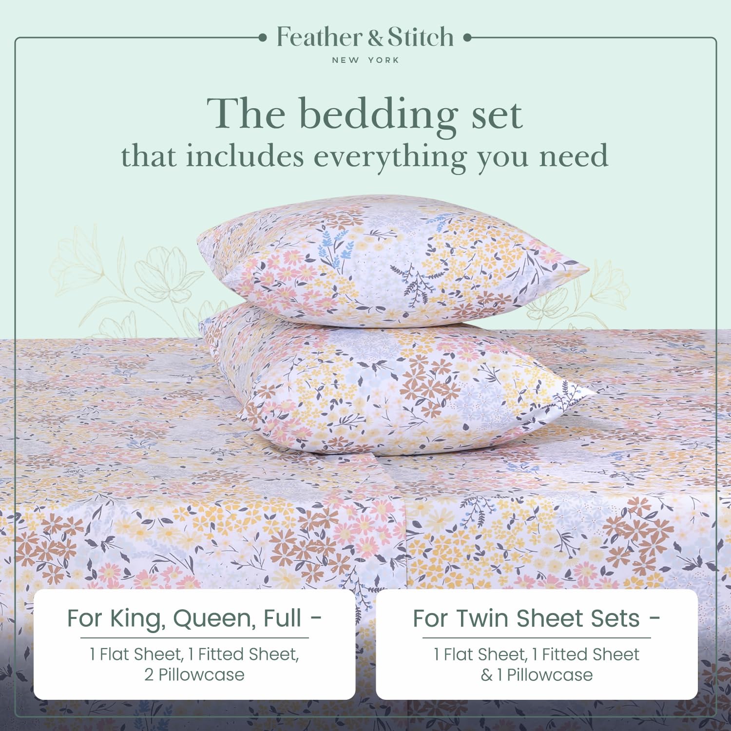 Foto 6 | Juego De Sábanas Feather & Stitch, 100% Algodón, 300 Hilos, Percal Queen - Venta Internacional.