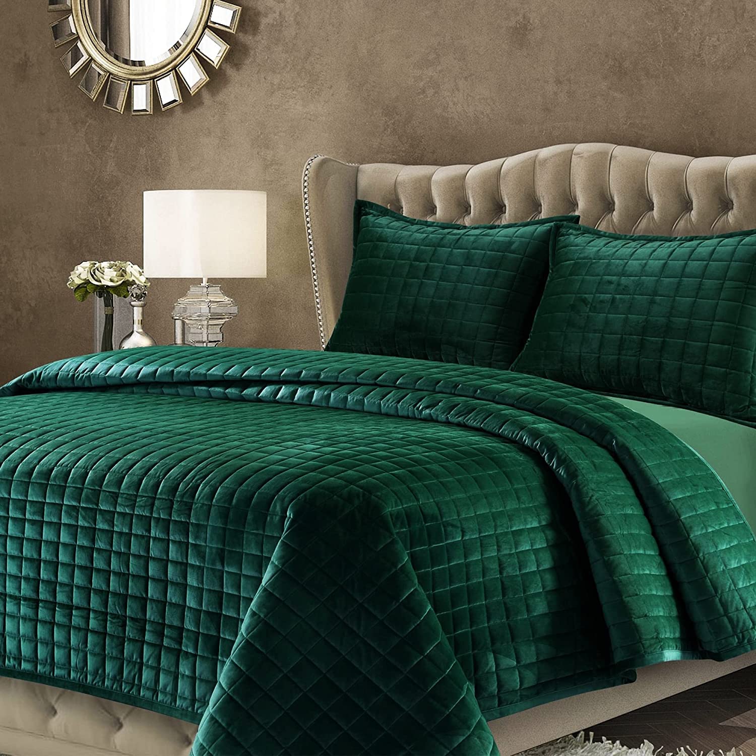 Juego De Edredón Tribeca Living Luxury Velvet King Size, Color Verde - Venta Internacional.