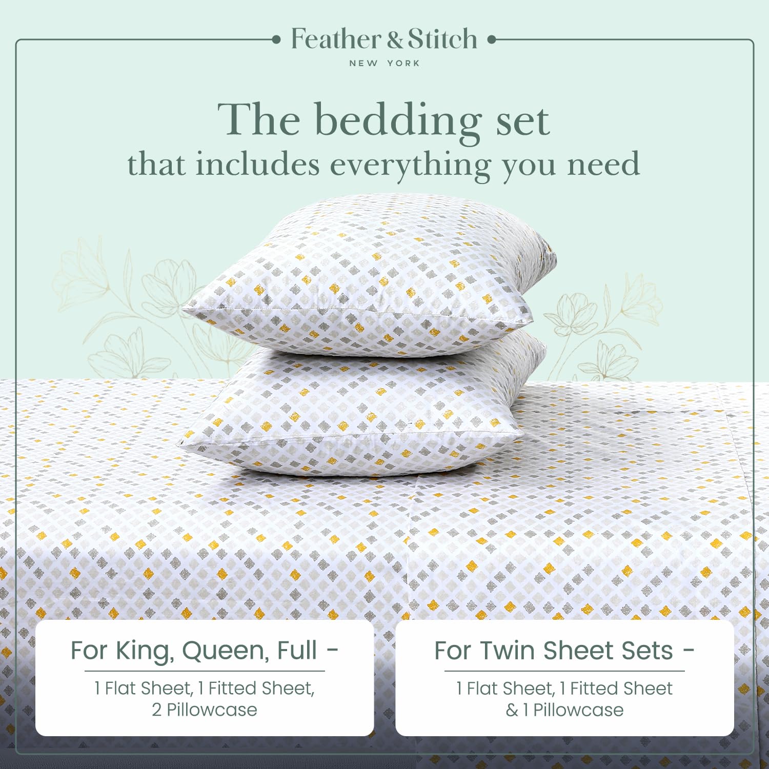 Foto 6 | Juego De Sábanas Feather & Stitch, 100% Algodón, 300 Hilos, Percal Completo - Venta Internacional.