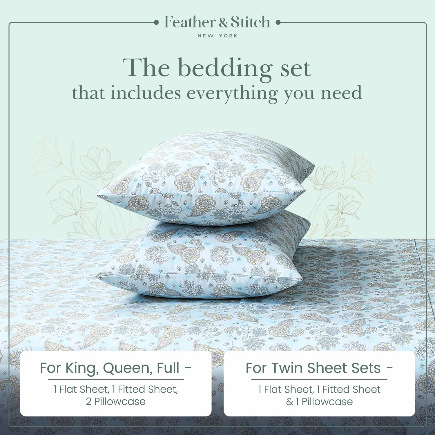 Foto 6 | Juego De Sábanas Feather & Stitch, 100% Algodón, 300 Hilos, Percal Queen - Venta Internacional.