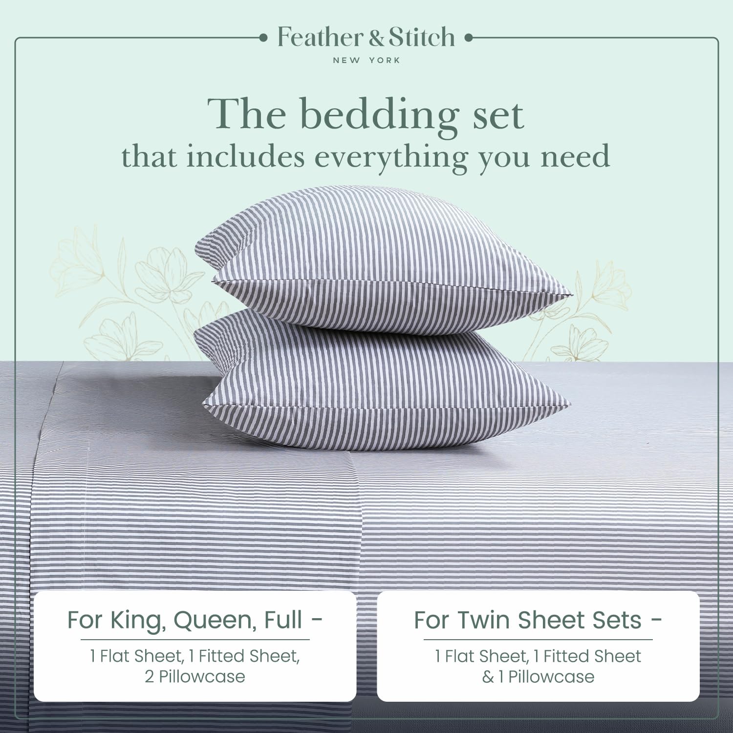 Foto 6 | Juego De Sábanas Feather & Stitch, 100% Algodón, 300 Hilos, Percal Completo - Venta Internacional.