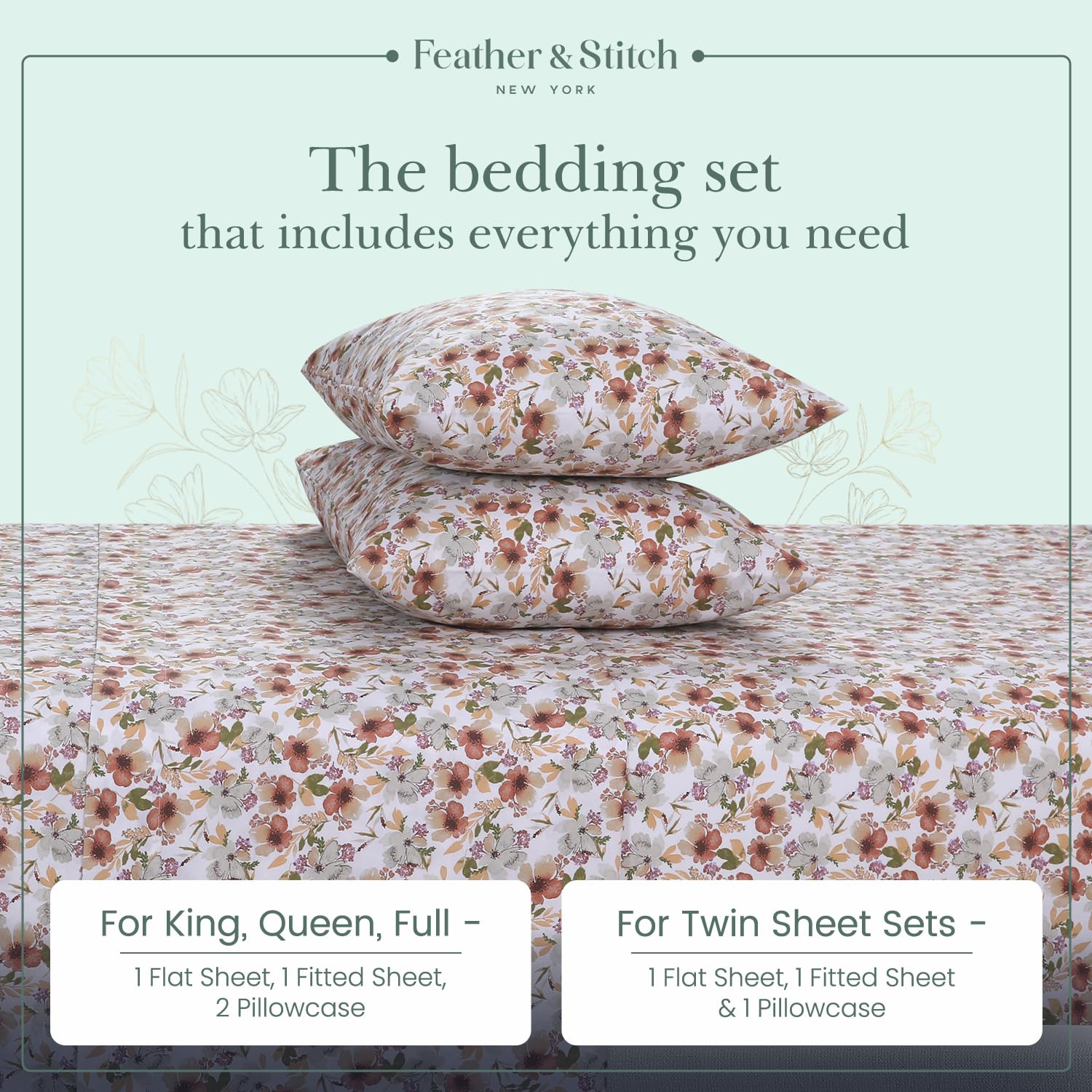 Foto 6 | Juego De Sábanas Feather & Stitch, 100% Algodón, 300 Hilos, Percal Completo - Venta Internacional.
