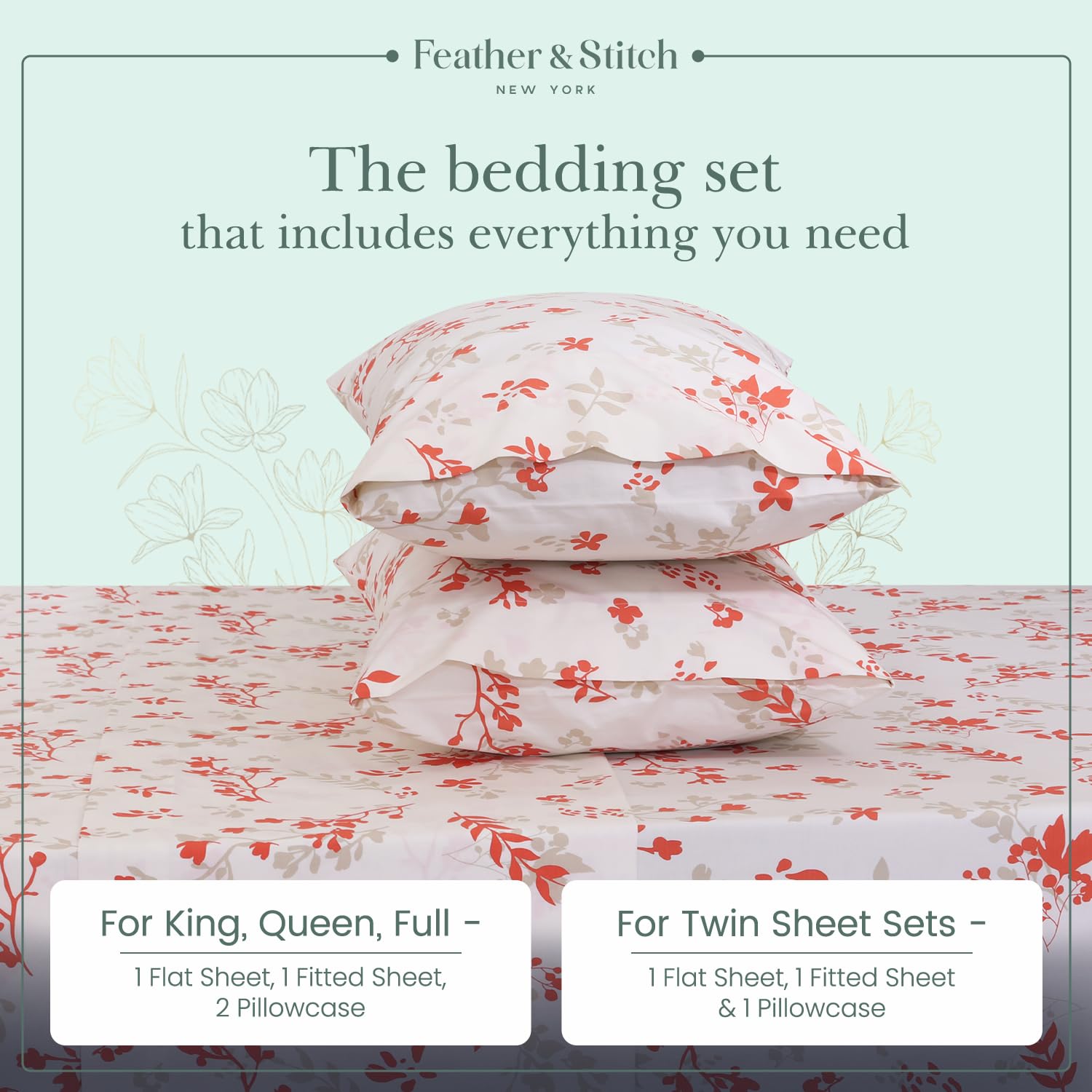 Foto 6 | Juego De Sábanas Feather & Stitch, 100% Algodón, 300 Hilos, Percal King - Venta Internacional.