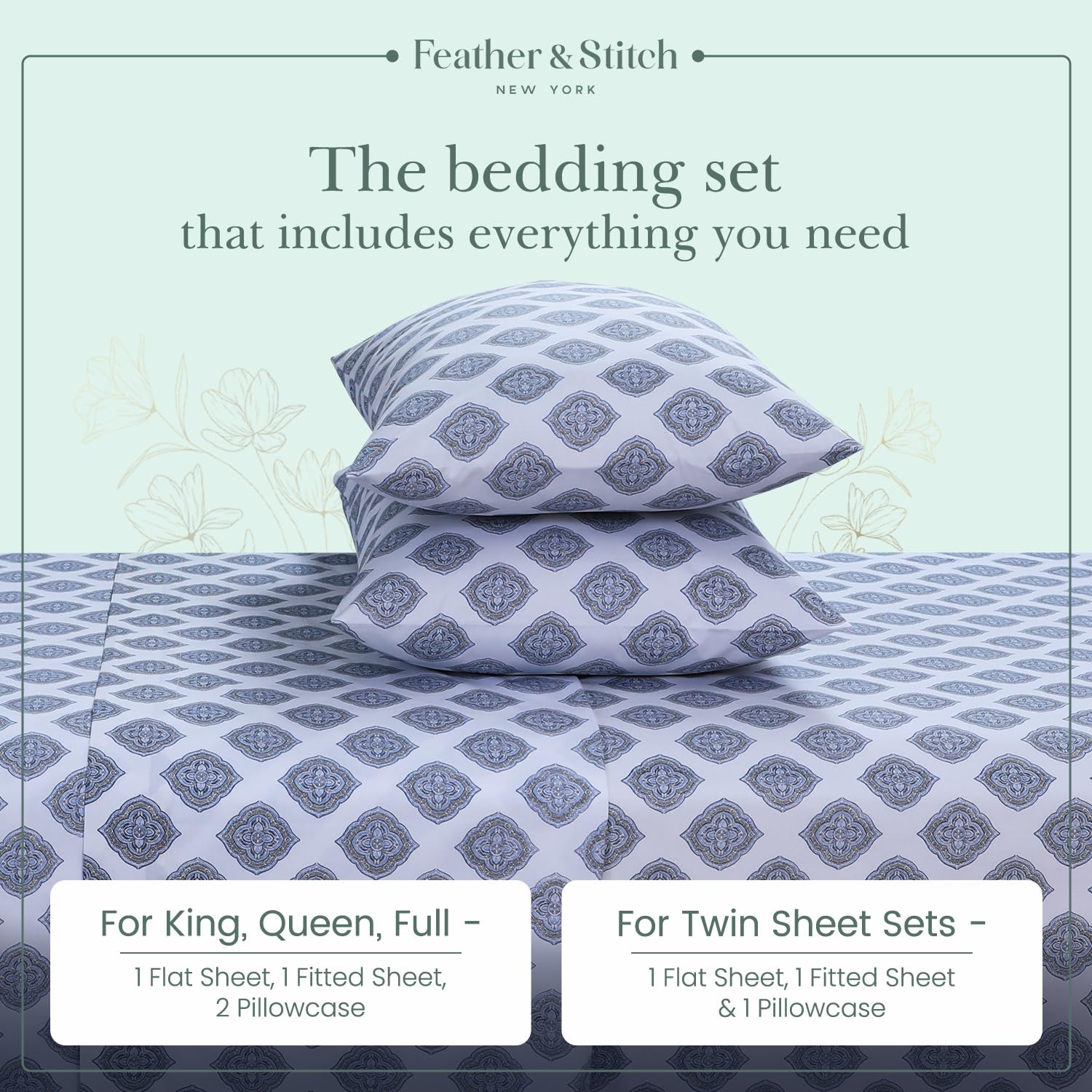 Foto 6 | Juego De Sábanas Feather & Stitch, 100% Algodón, 300 Hilos, Percal Completo - Venta Internacional.