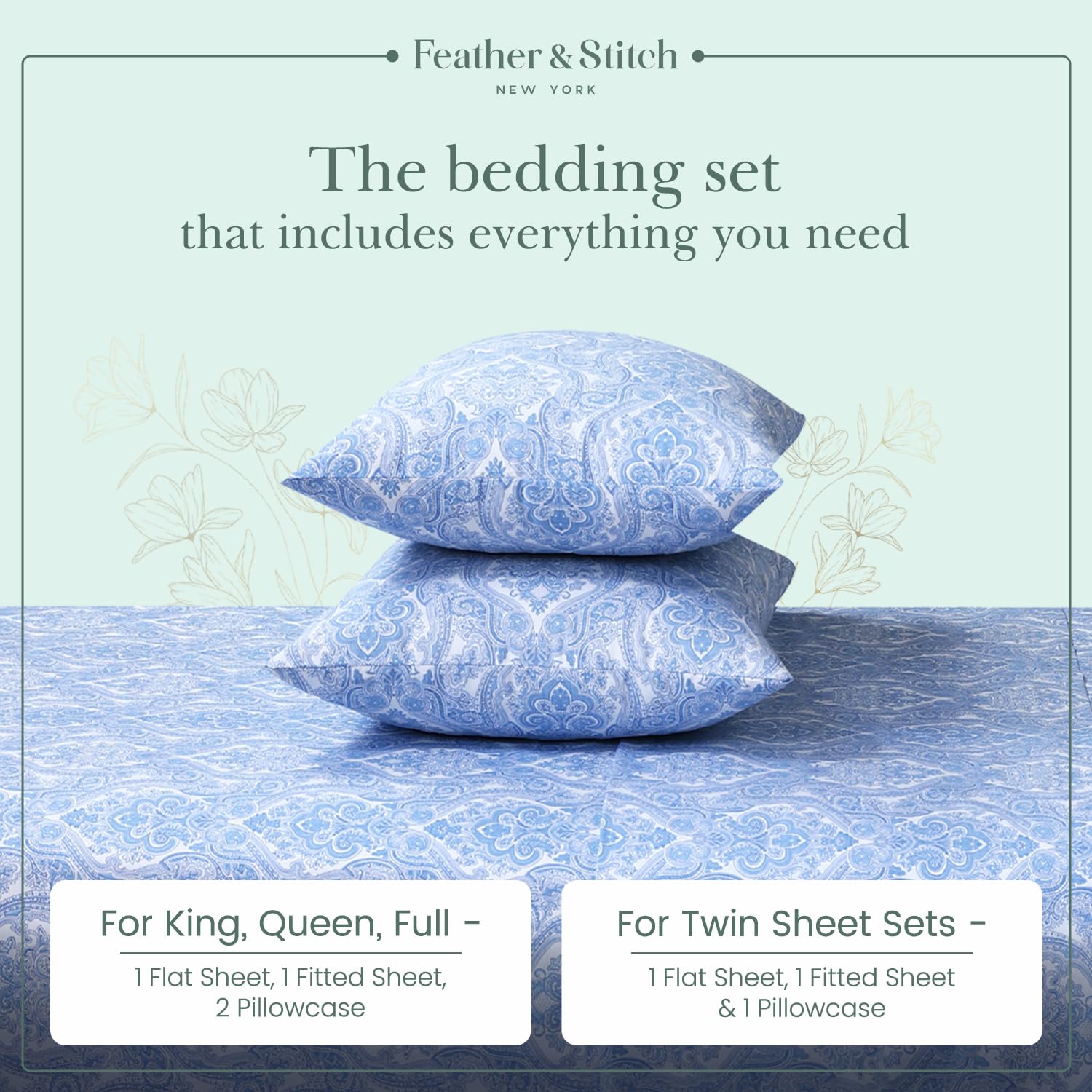 Foto 6 | Juego De Sábanas Feather & Stitch, 100% Algodón, 300 Hilos, Percal Completo - Venta Internacional.