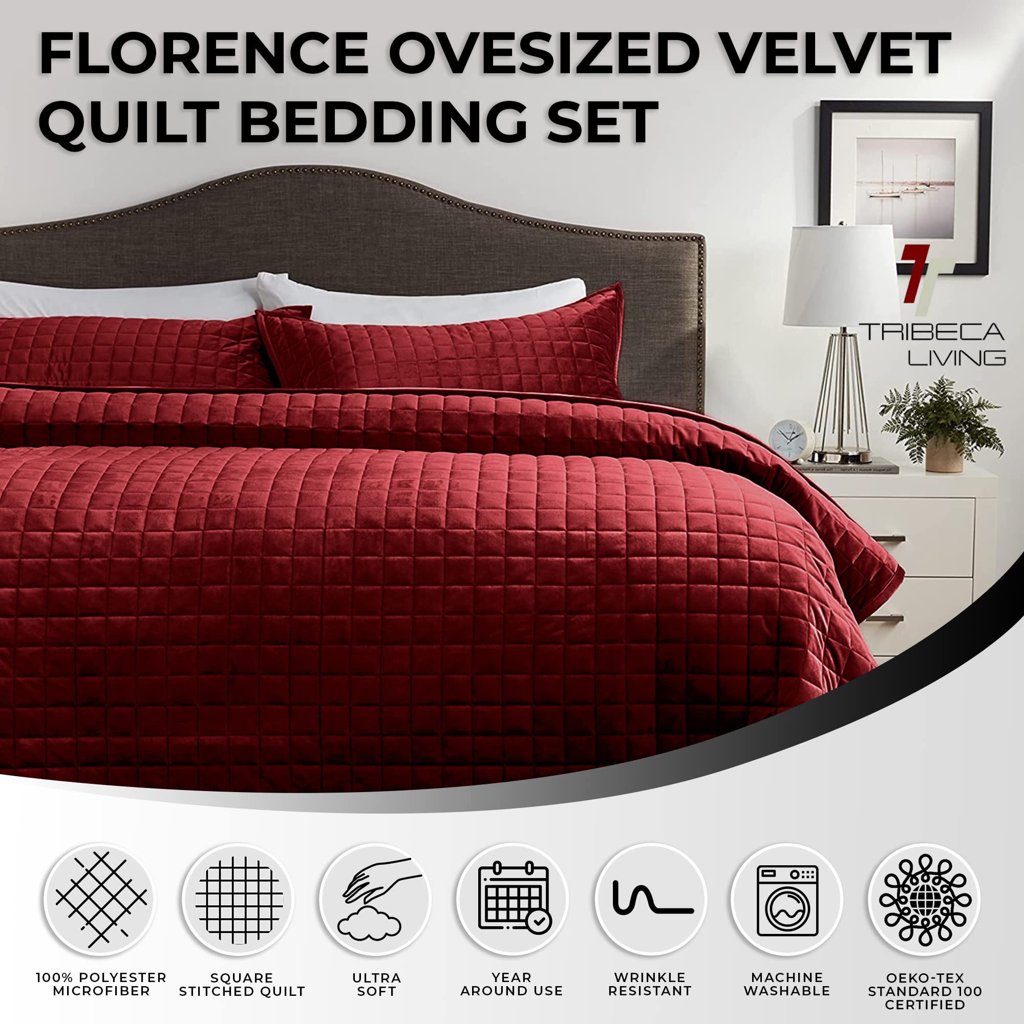 Foto 4 pulgar | Juego De Edredón Tribeca Living Luxury Velvet King Size Borgoña - Venta Internacional.