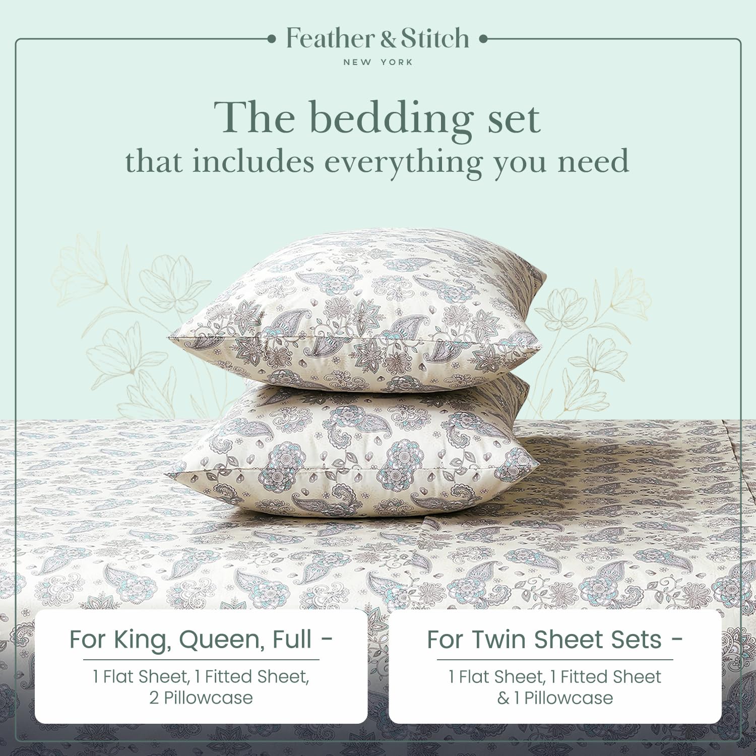 Foto 6 | Juego De Sábanas Feather & Stitch, 100% Algodón, 300 Hilos, Percal King - Venta Internacional.