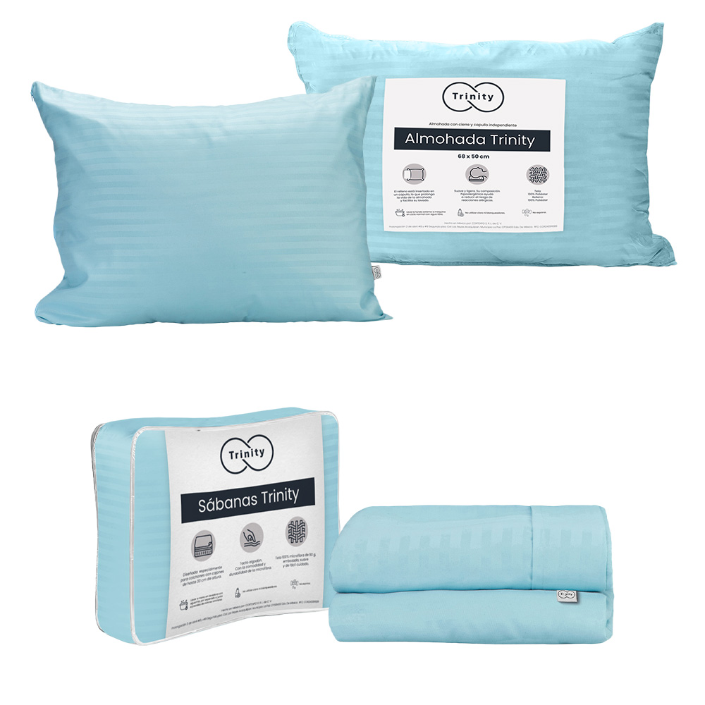 Sábanas Trinity Color Azul Cielo Individual + Almohada Trinity