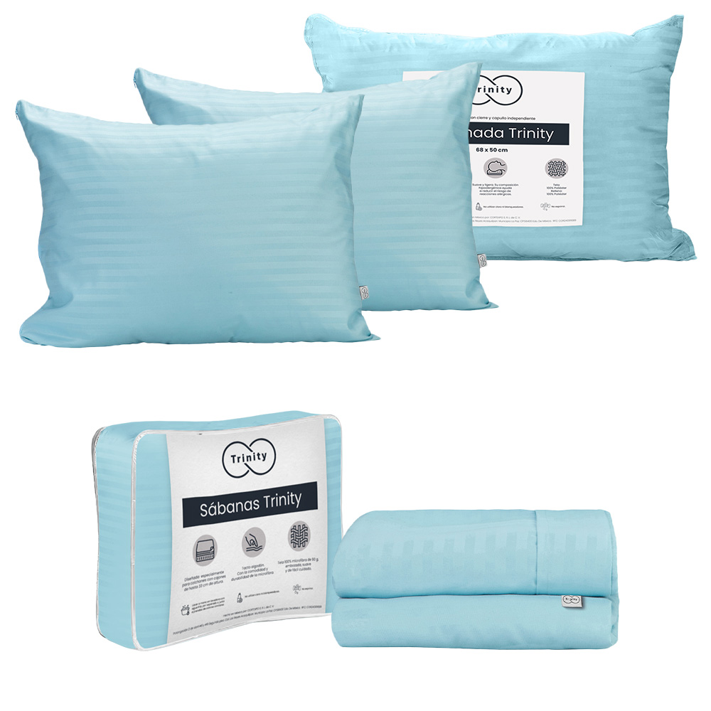 Sábanas Trinity Color Azul Cielo Matrimonial + 2 Almohadas Trinity
