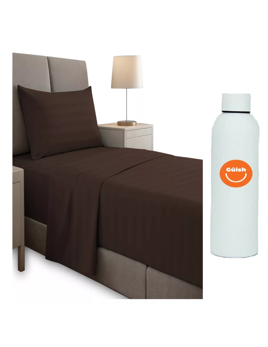 Juego De Sábanas Individual Ultra Suave Color Café+ Termo De Agua De Regalo Güish