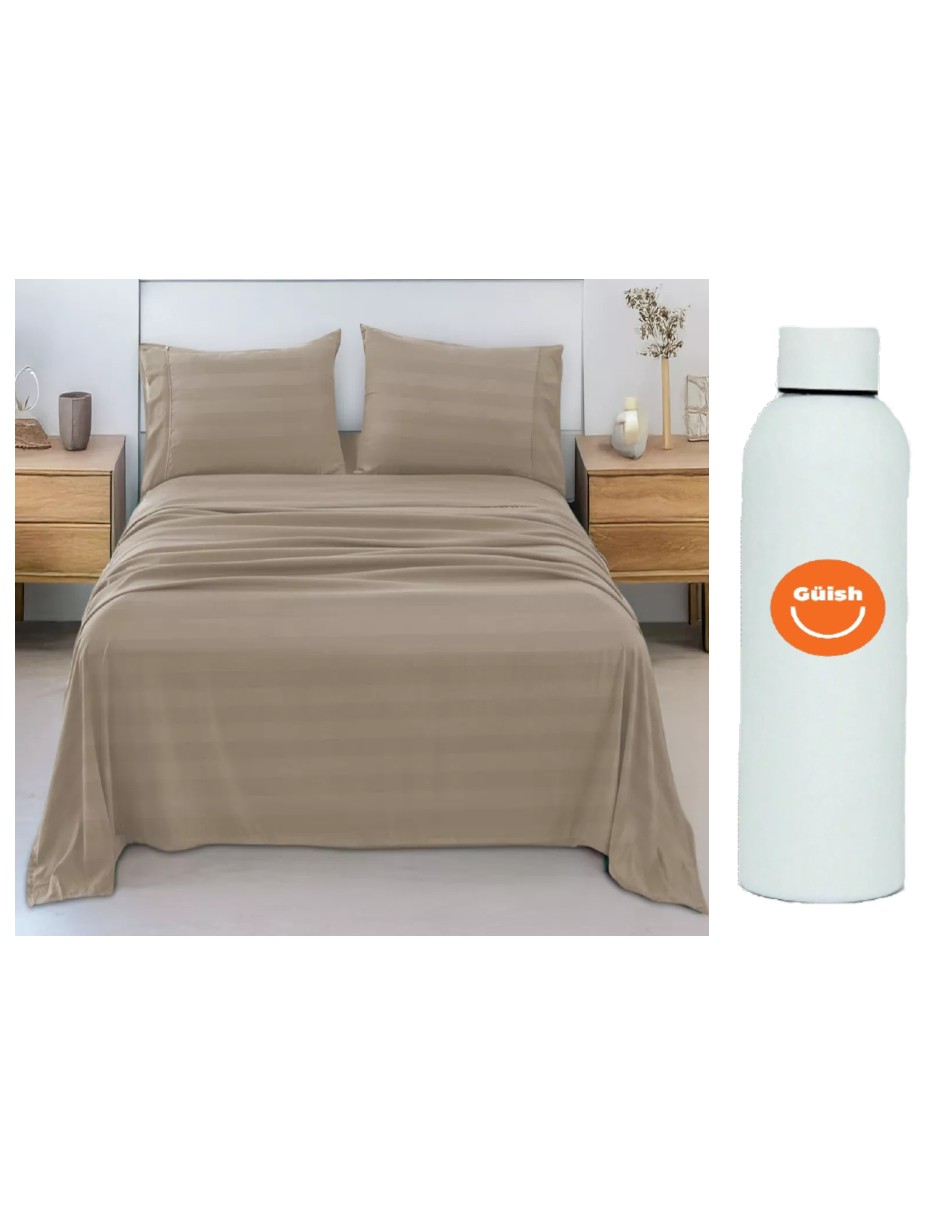 Juego De Sábanas Matrimonial 3000 Hilos Color Beige + Termo De Agua De Regalo Güish