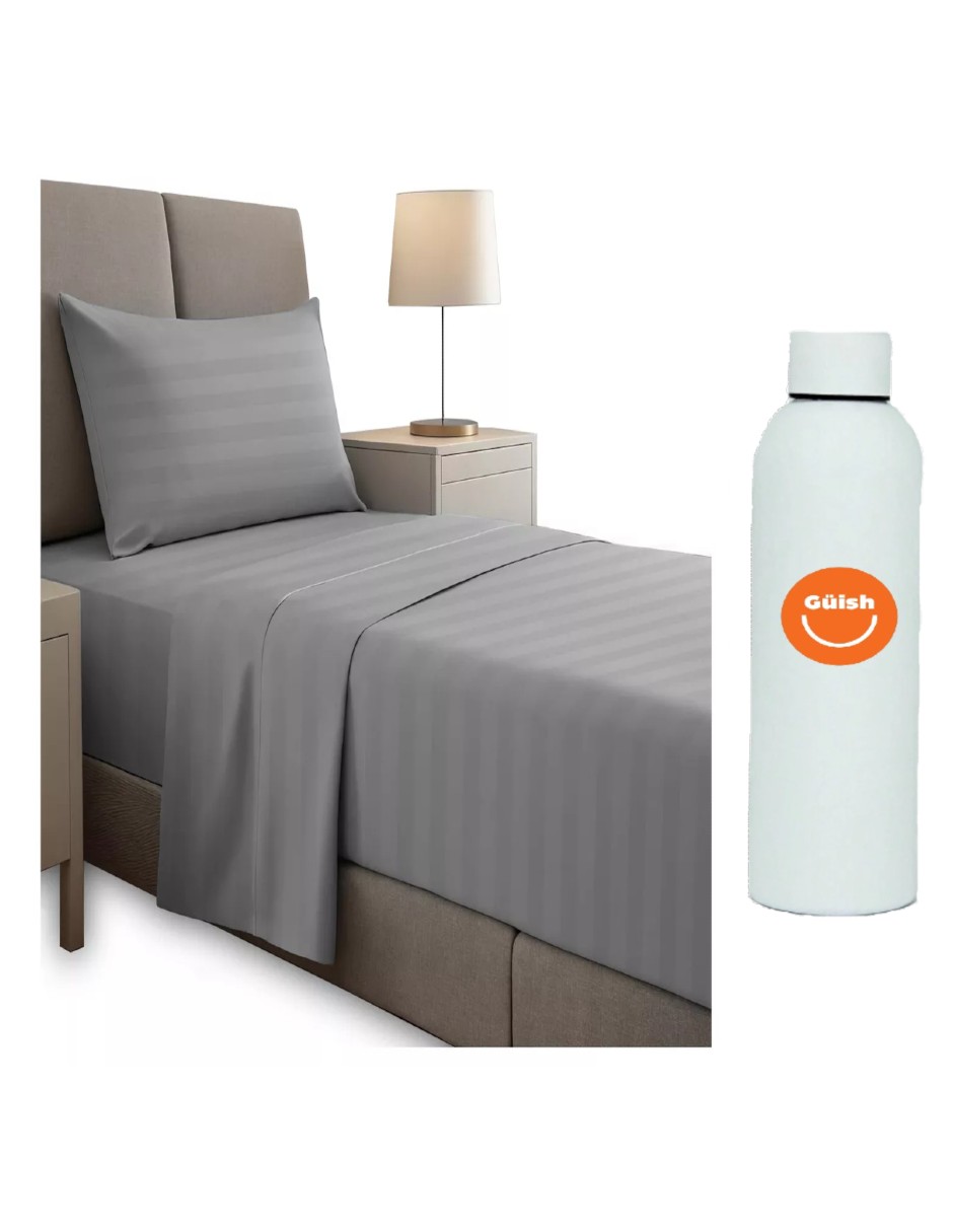 Juego De Sábanas Individual Ultra Suave Color Gris + Termo De Agua De Regalo Güish