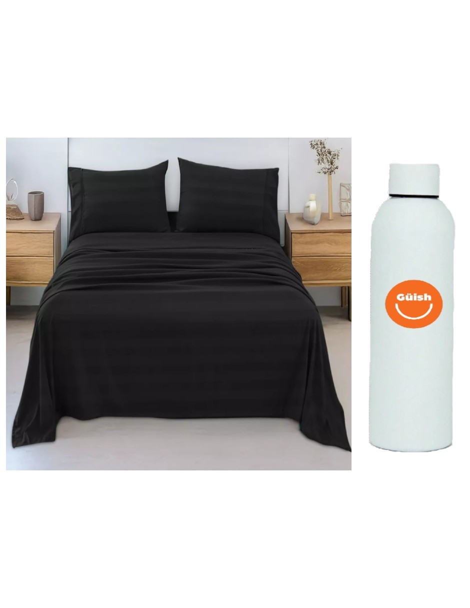 Juego De Sábanas Matrimonial 3000 Hilos Color Negro + Termo De Agua De Regalo Güish