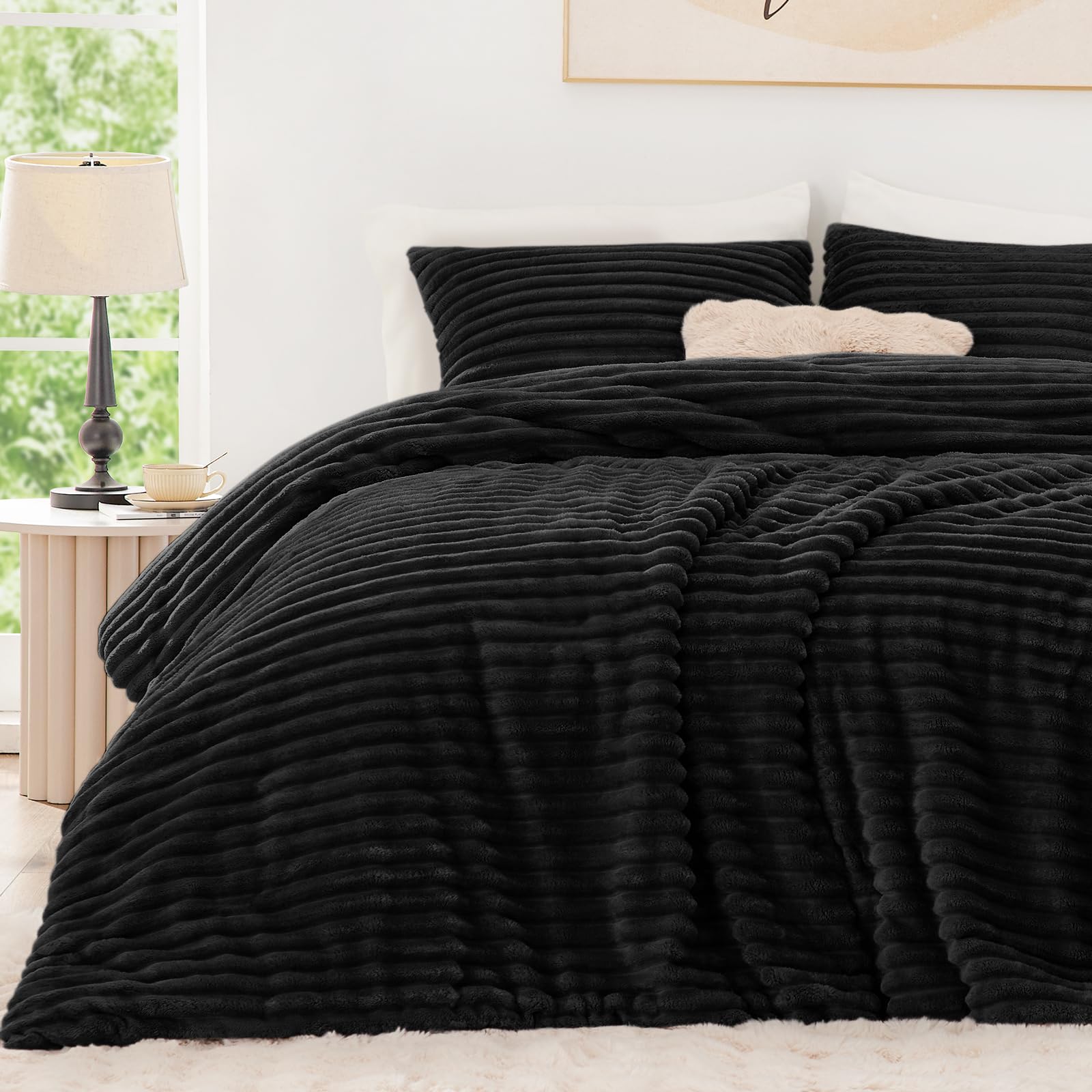 Juego De Edredón Exq Home Fluffy King Size Con 2 Fundas De Almohada, Color Negro - Venta Internacional.