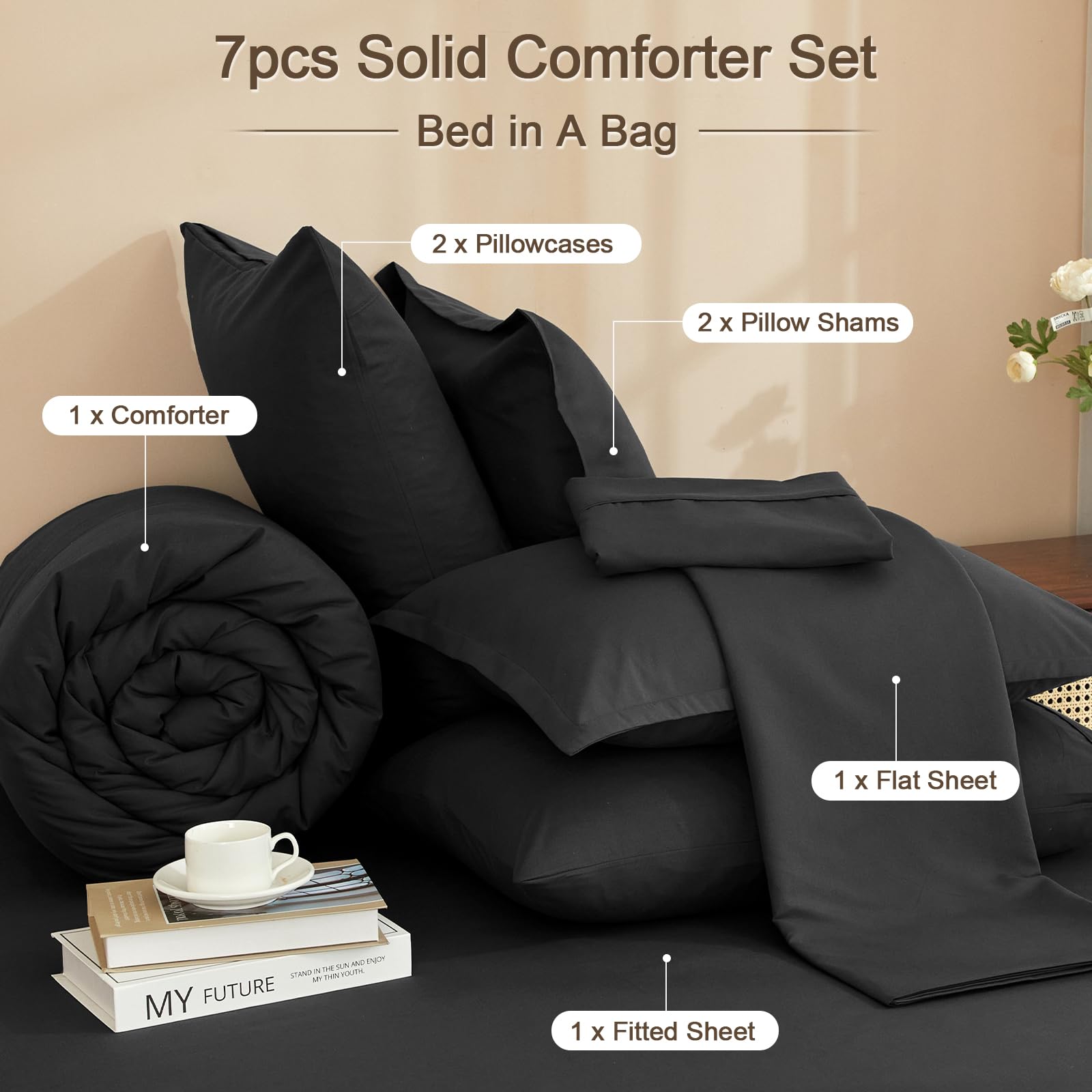 Foto 5 | Edredón Queen Size con Sábanas PHF Negro 7 Piezas - Venta Internacional