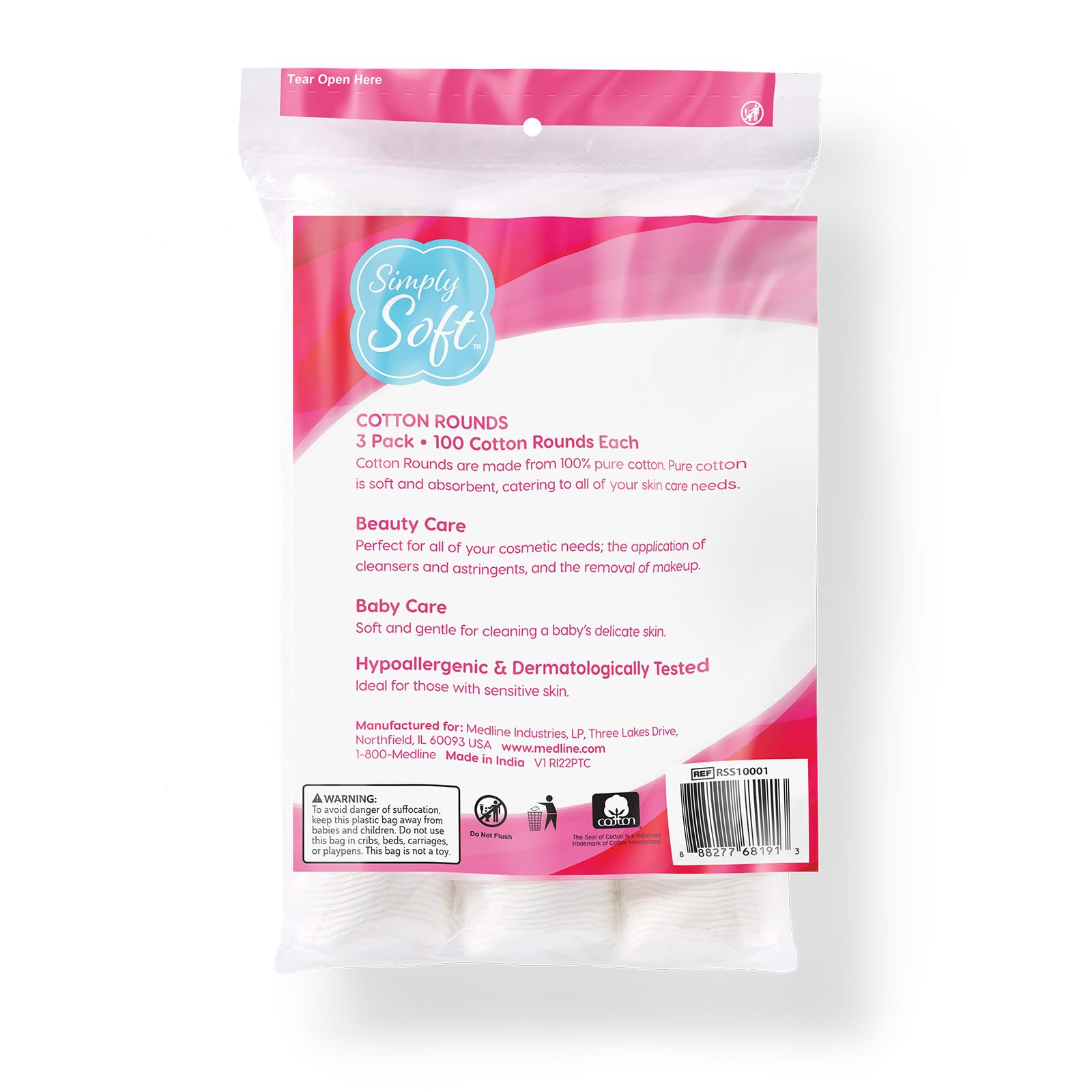 Foto 3 pulgar | Cotton Rounds Medline Simply Soft, 300 Unidades, 100% Algodón - Venta Internacional.