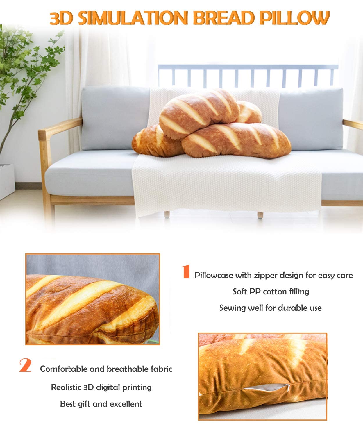 Foto 5 pulgar | Venta Internacional - Almohada Wepop Con Forma De Pan Con Simulación 3d De 80 Cm A 100 Cm, Color Marrón