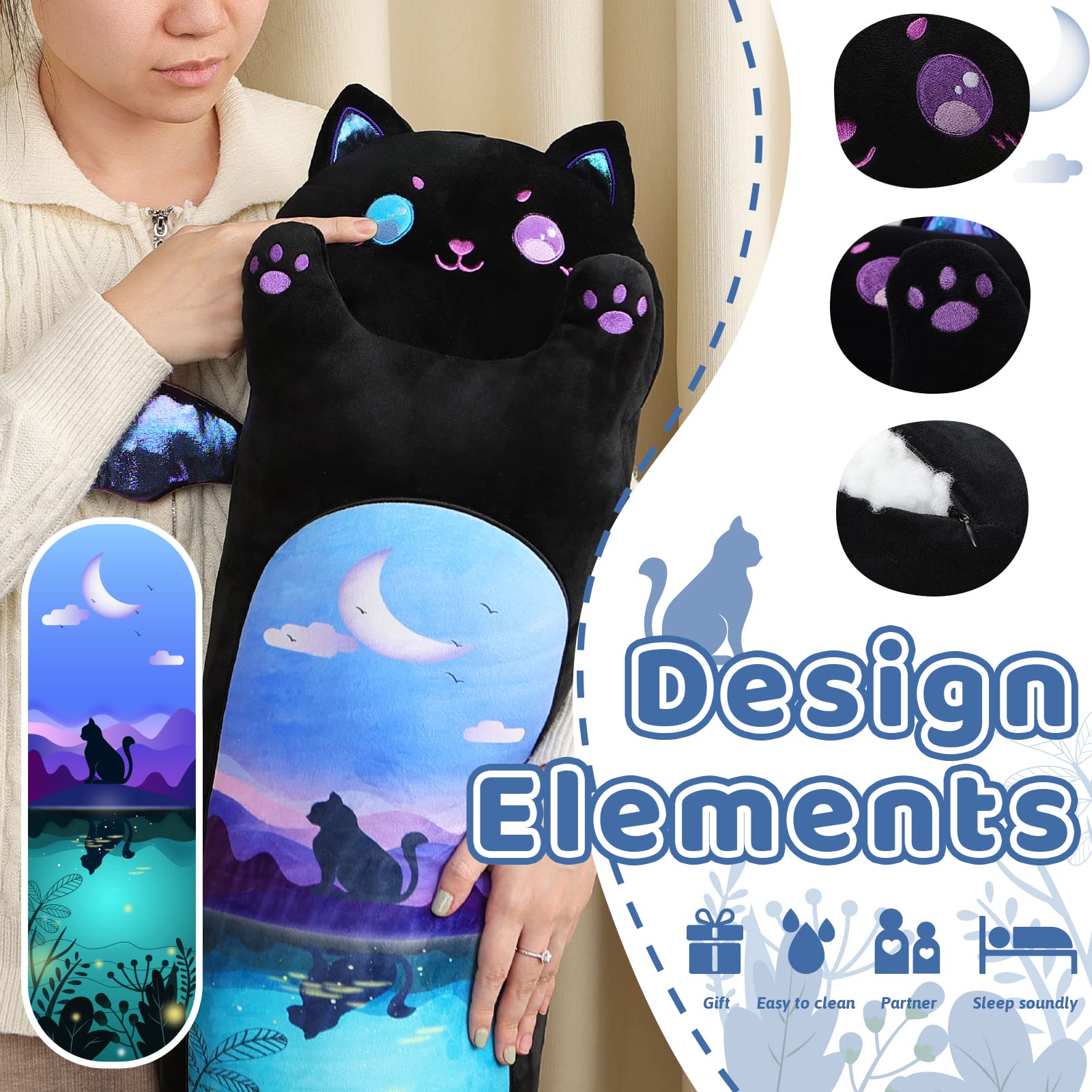 Foto 5 pulgar | Almohada De Felpa Aixini Long Cat Moonlight Negra De 50 Cm Para Niños - Venta Internacional.