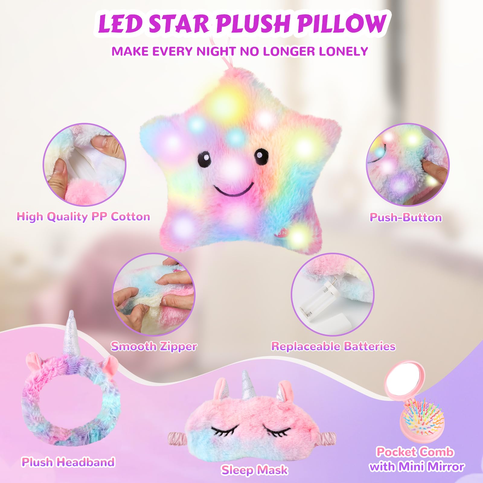 Foto 5 pulgar | Set De Regalo Aberlls Unicorn Toys Con Almohada De Felpa Iluminada Con Forma De Estrella - Venta Internacional.