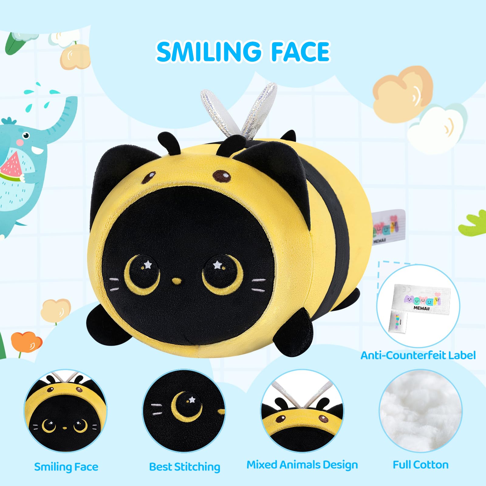 Foto 4 pulgar | Almohada de Felpa Mewaii Cute Black Cat Bee Kawaii 20 cm para Niños - Venta Internacional