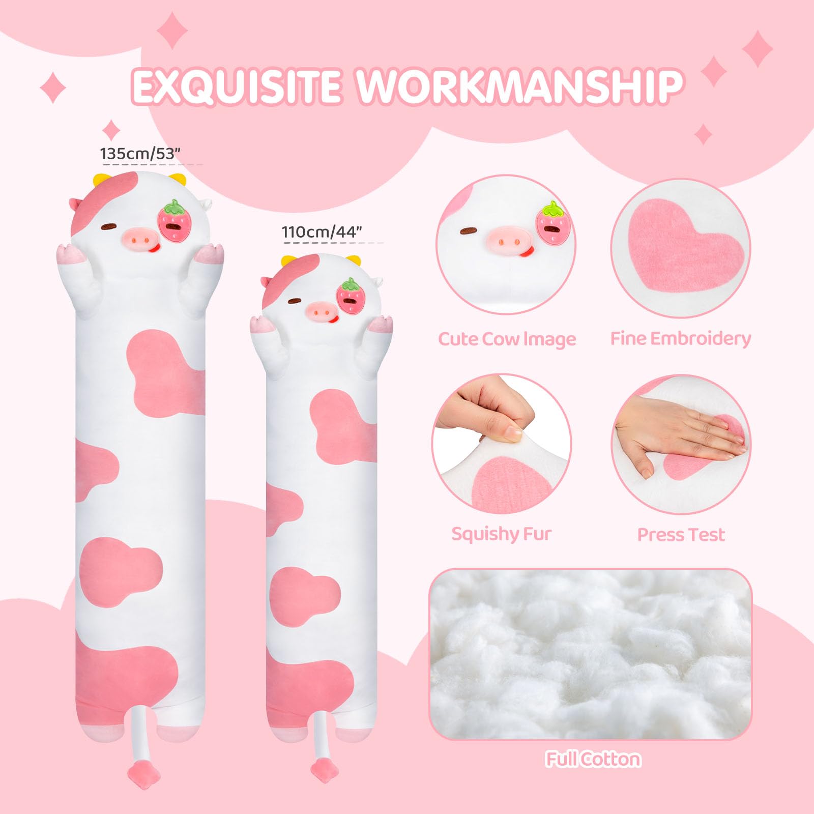 Foto 4 pulgar | Almohada Corporal de Felpa Mewaii Long Cow Kawaii Strawberry 130 cm - Venta Internacional