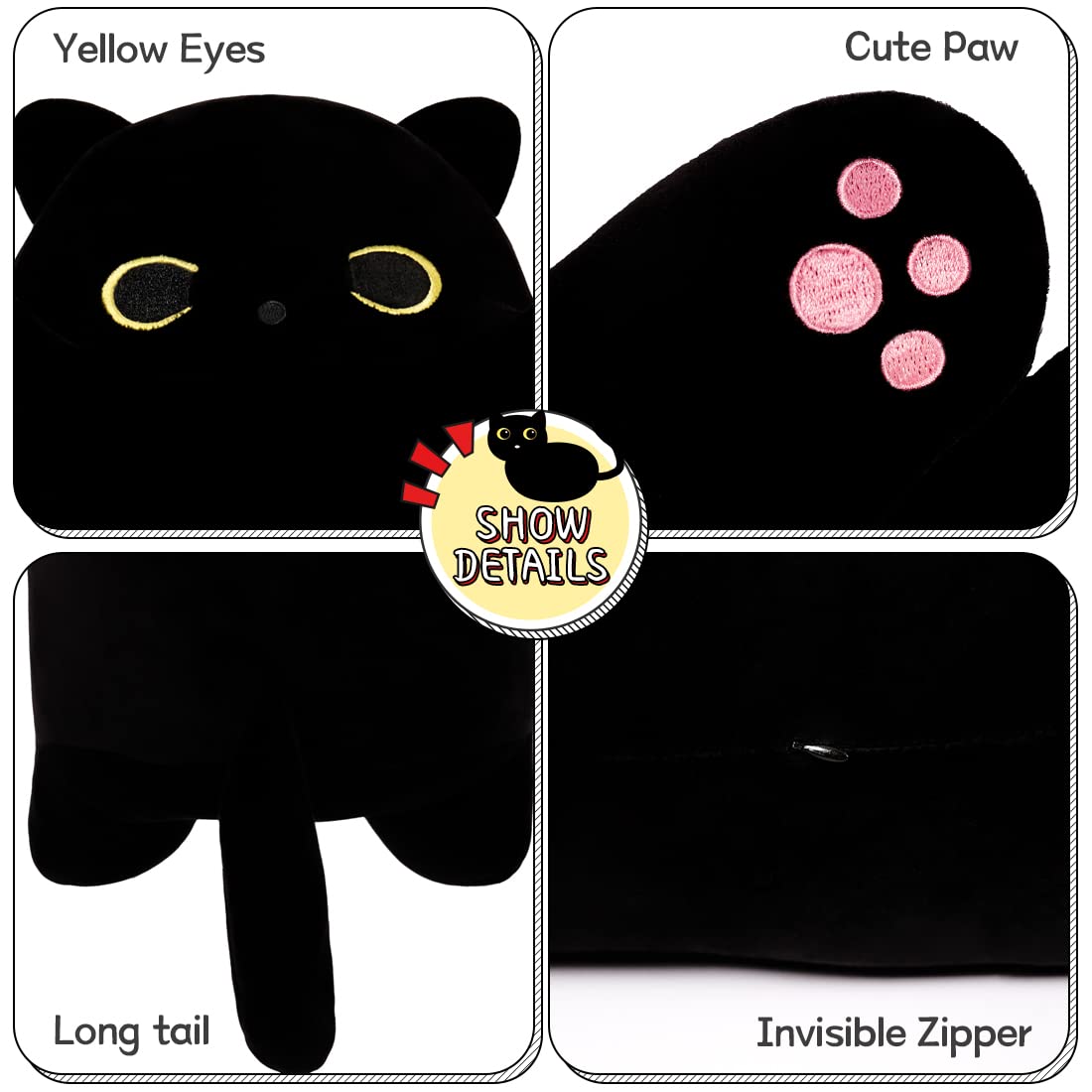 Foto 5 pulgar | Peluche Snowolf Long Cat Negro 110 Cm Con Grandes Ojos Amarillos - Venta Internacional.