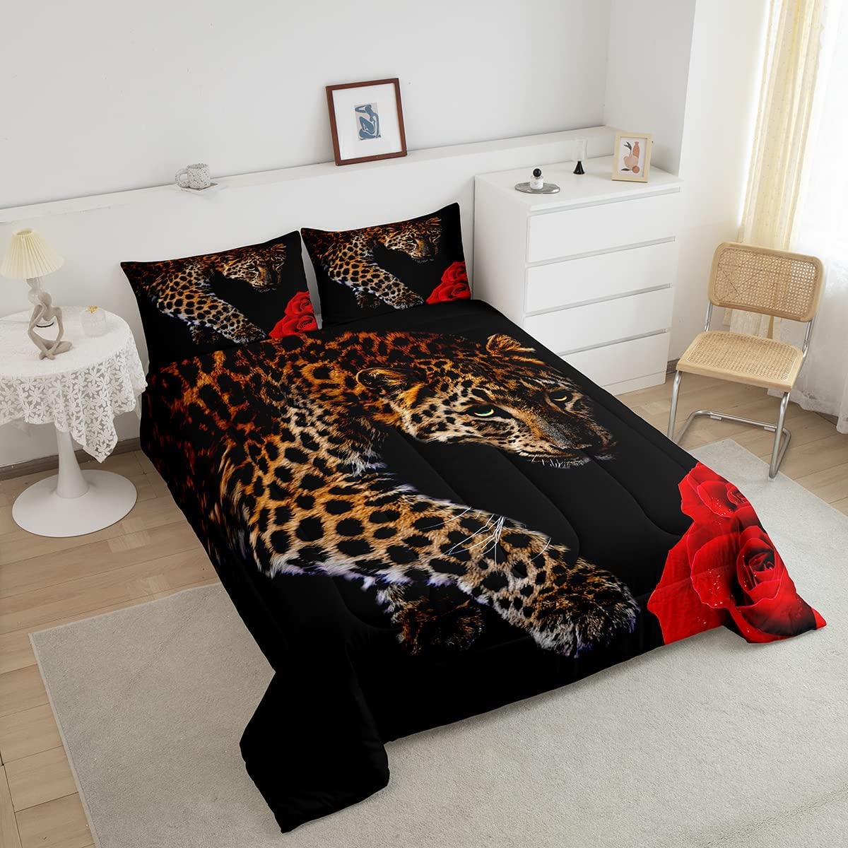 Foto 2 | Juego de Edredón Erosebridal Leopard King Size con Rosa Roja - Venta Internacional