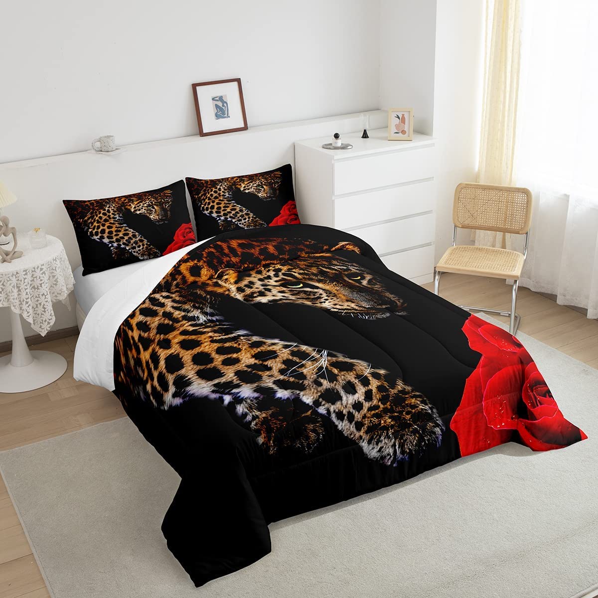 Foto 4 | Juego de Edredón Erosebridal Leopard King Size con Rosa Roja - Venta Internacional