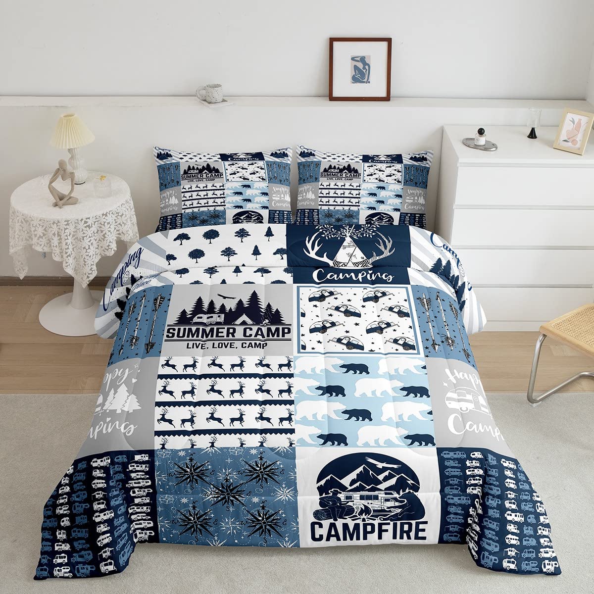 Juego de Ropa de Cama Erosebridal Happy Camping Queen Size Azul - Venta Internacional