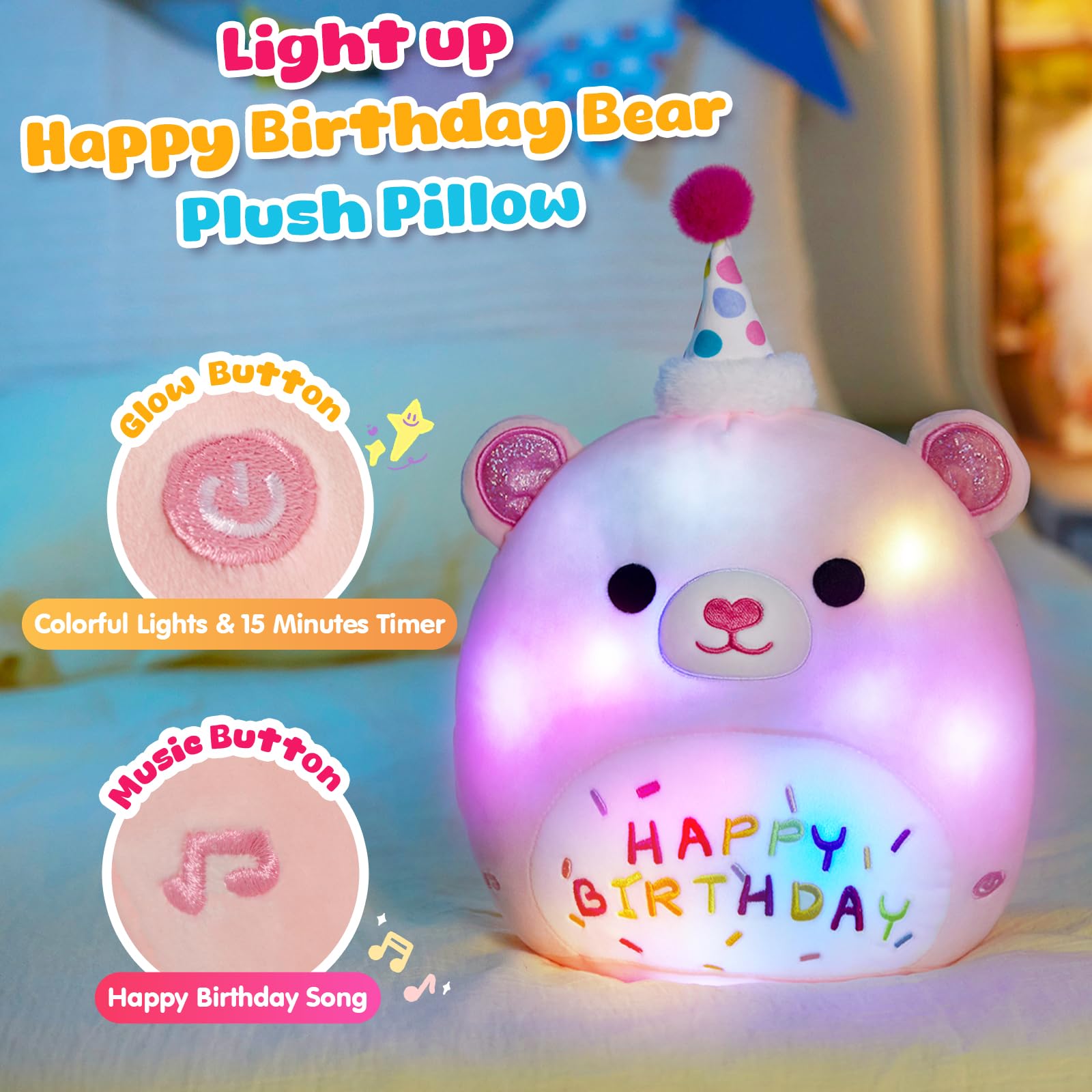 Foto 5 pulgar | Almohada De Felpa Bstaofy Light Up Music Happy Birthday Teddy Bear - Venta Internacional.