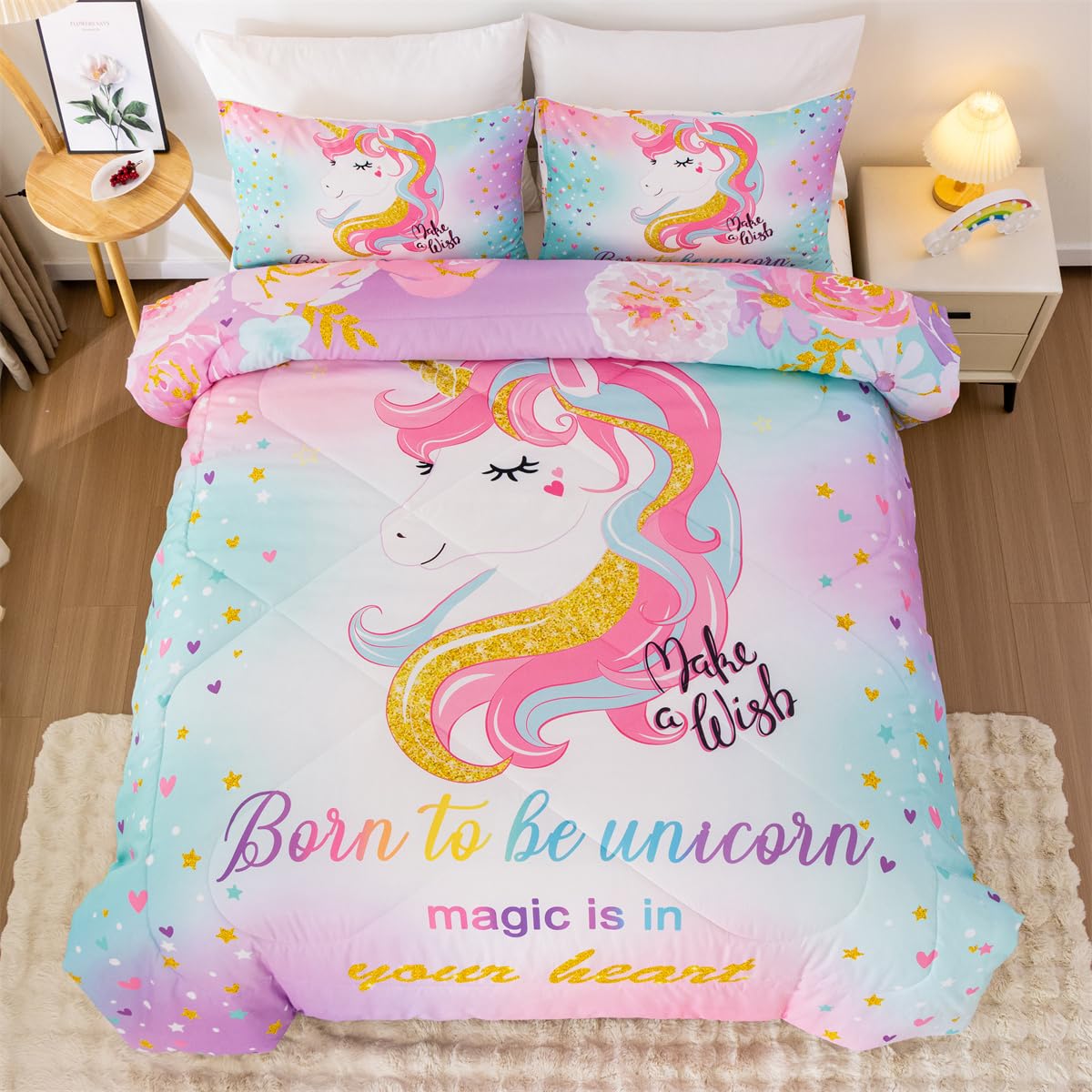 Juego De Edredón Ntbed Unicorn Completo Con Sábanas, 5 Piezas Para Niñas - Venta Internacional.