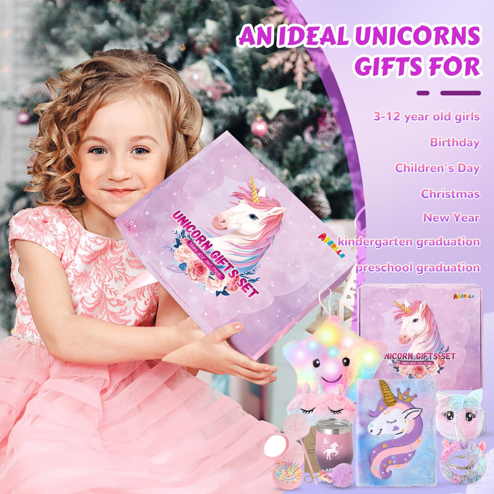 Foto 7 | Set De Regalo Aberlls Unicorn Toys Con Almohada De Felpa Iluminada Con Forma De Estrella - Venta Internacional.