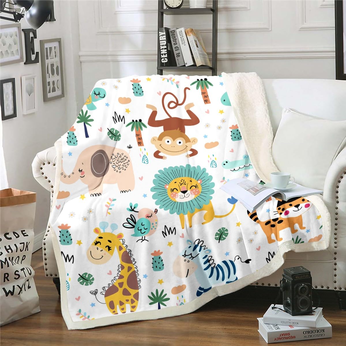 Foto 2 pulgar | Manta Polar De Sherpa Feelyou Con Dibujos Animados De Animales De La Jungla, 230 X 230 Cm - Venta Internacional.