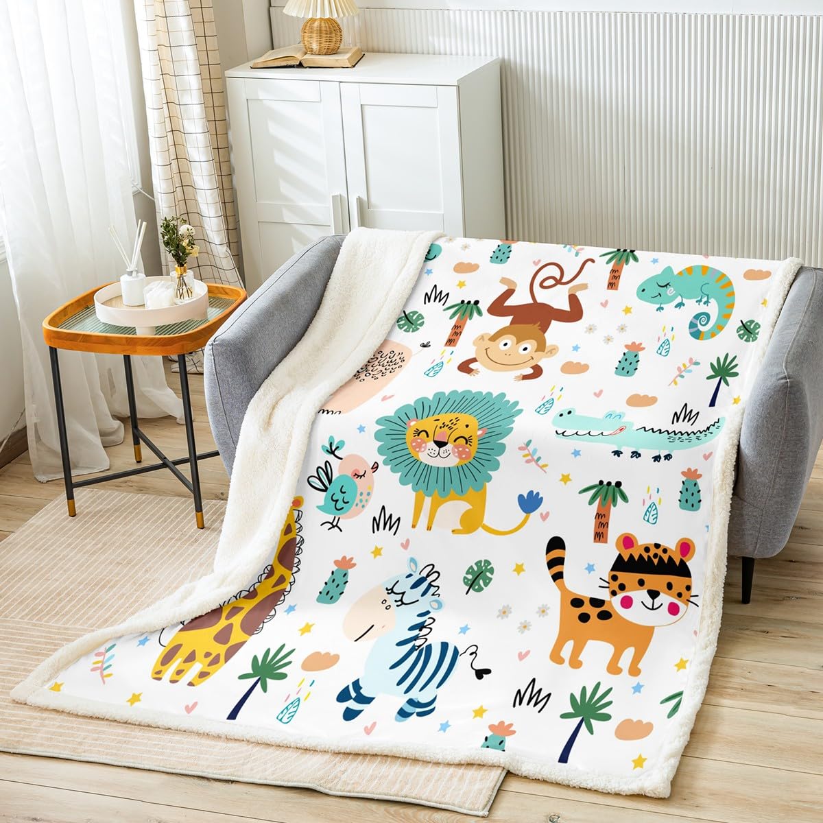 Foto 3 pulgar | Manta Polar De Sherpa Feelyou Con Dibujos Animados De Animales De La Jungla, 230 X 230 Cm - Venta Internacional.