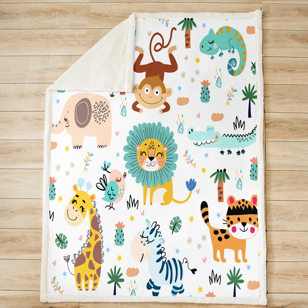 Foto 3 | Manta Polar De Sherpa Feelyou Con Dibujos Animados De Animales De La Jungla, 230 X 230 Cm - Venta Internacional.