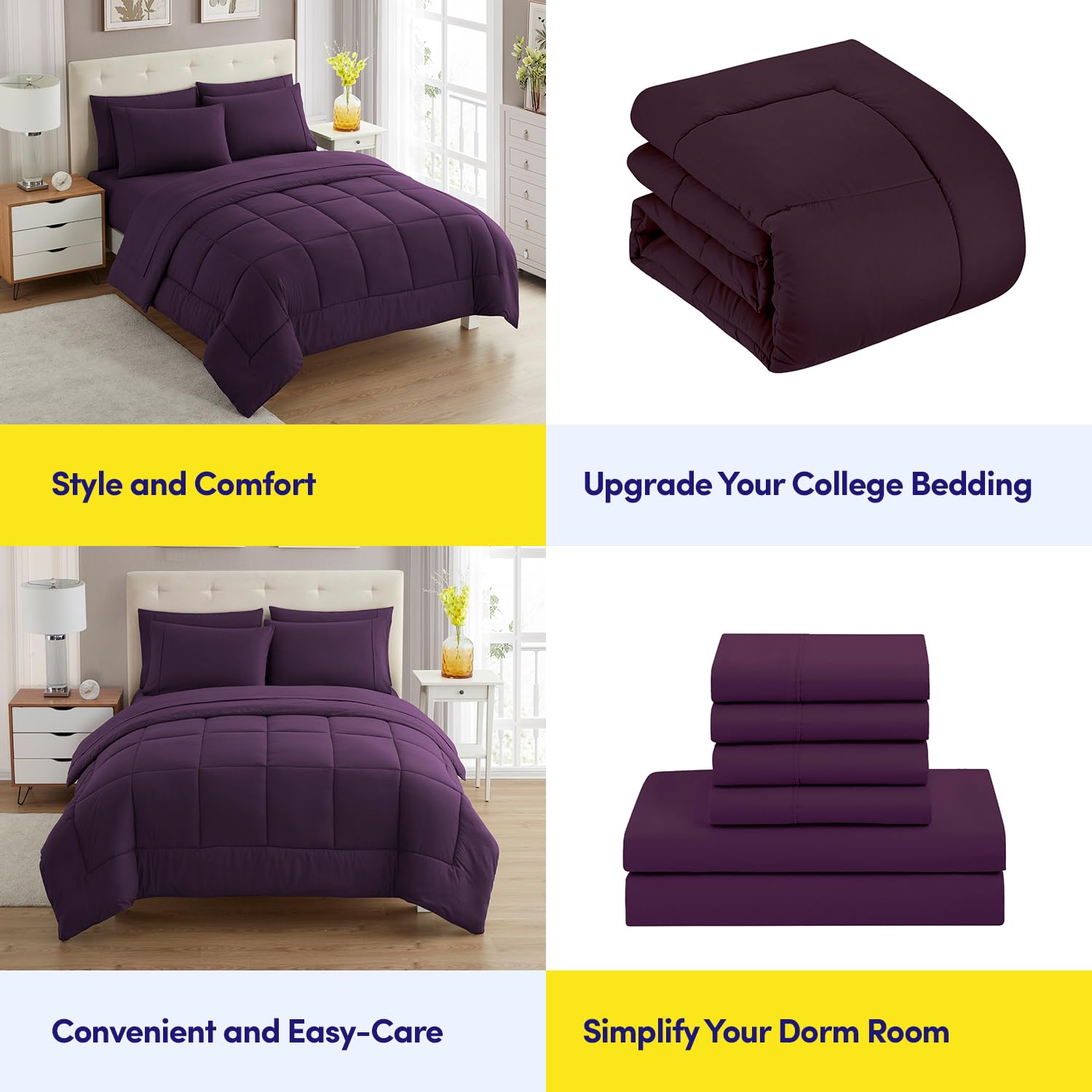 Foto 7 pulgar | Juego De Ropa De Cama Sweet Home Collection Para Dormitorio Con 2 Camas, Color Morado - Venta Internacional.