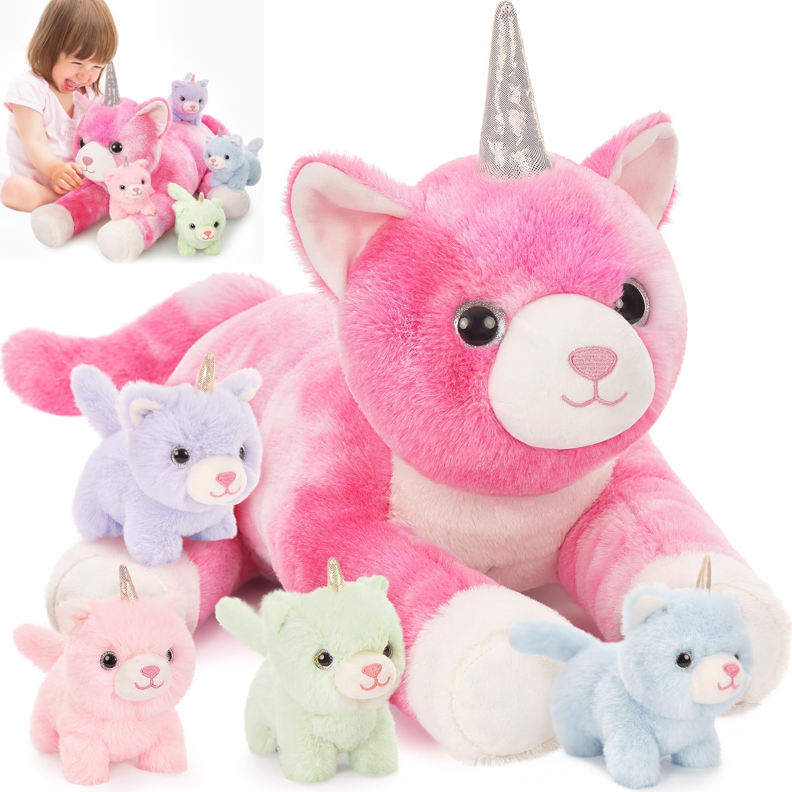Animal De Peluche Morismos, Gato Unicornio Con Gatitos, Bebés, 60 Cm - Venta Internacional.