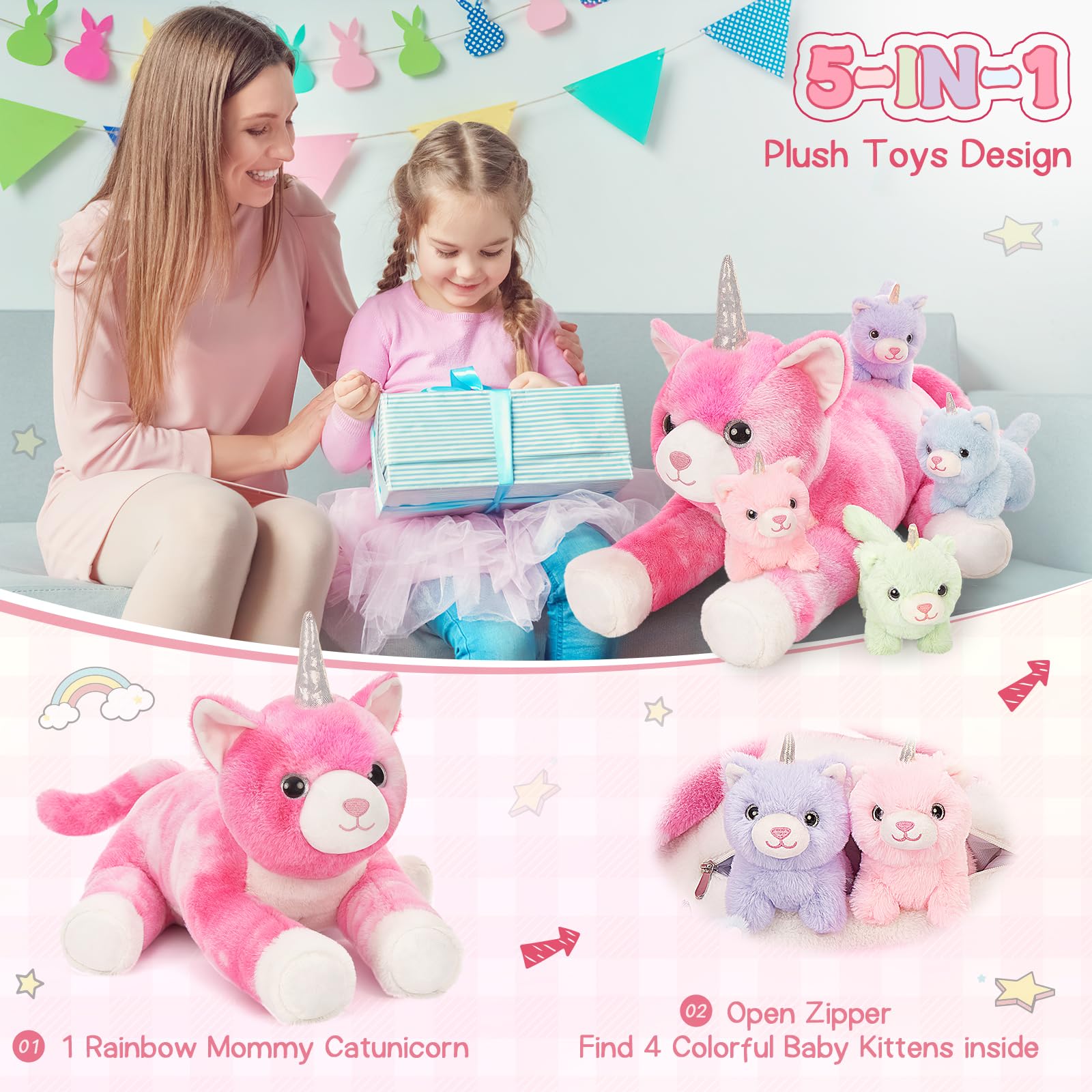 Foto 5 pulgar | Animal De Peluche Morismos, Gato Unicornio Con Gatitos, Bebés, 60 Cm - Venta Internacional.